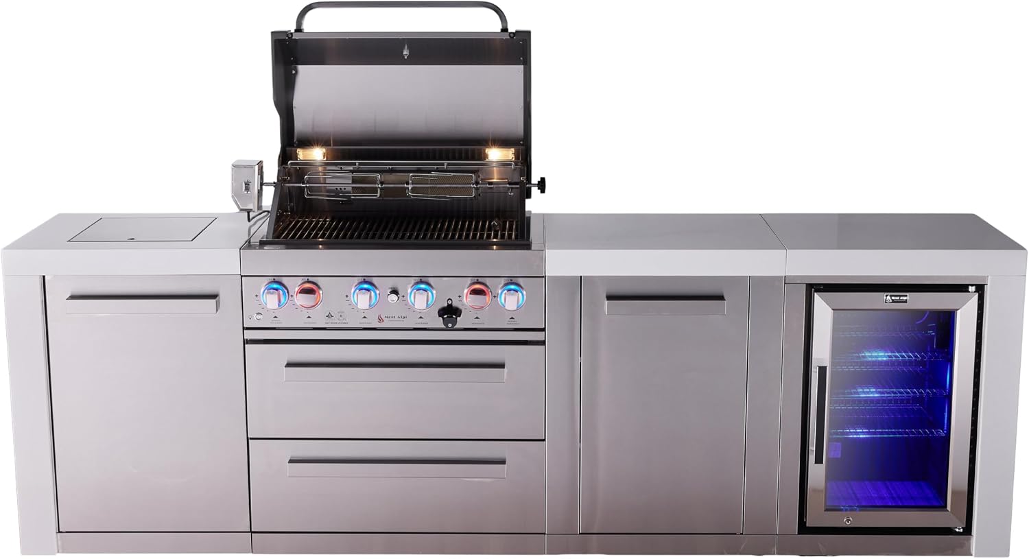 Mont Alpi Premium 107'W x 23'D x 46'H Deluxe Stainless Steel Outdoor Kitchen Island with Refrigerator + 32'W 4-Burner BBQ Gas Grill + Granite Countertops + Storage Cabinets + Rotisserie Kit + Cover
