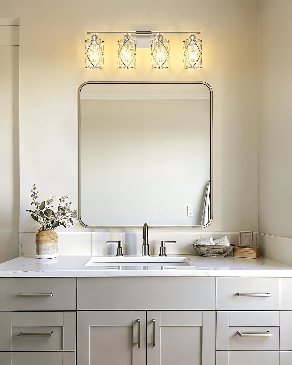 4-Light Brushed Nickel Bathroom Light Fixtures, 29 Inch Modern Bathroom Vanity Lighting Fixtures Over Mirror with Clear Glass and Metal Cage Wall Sconce Lights for Bath, E26, CH9176BN-4W