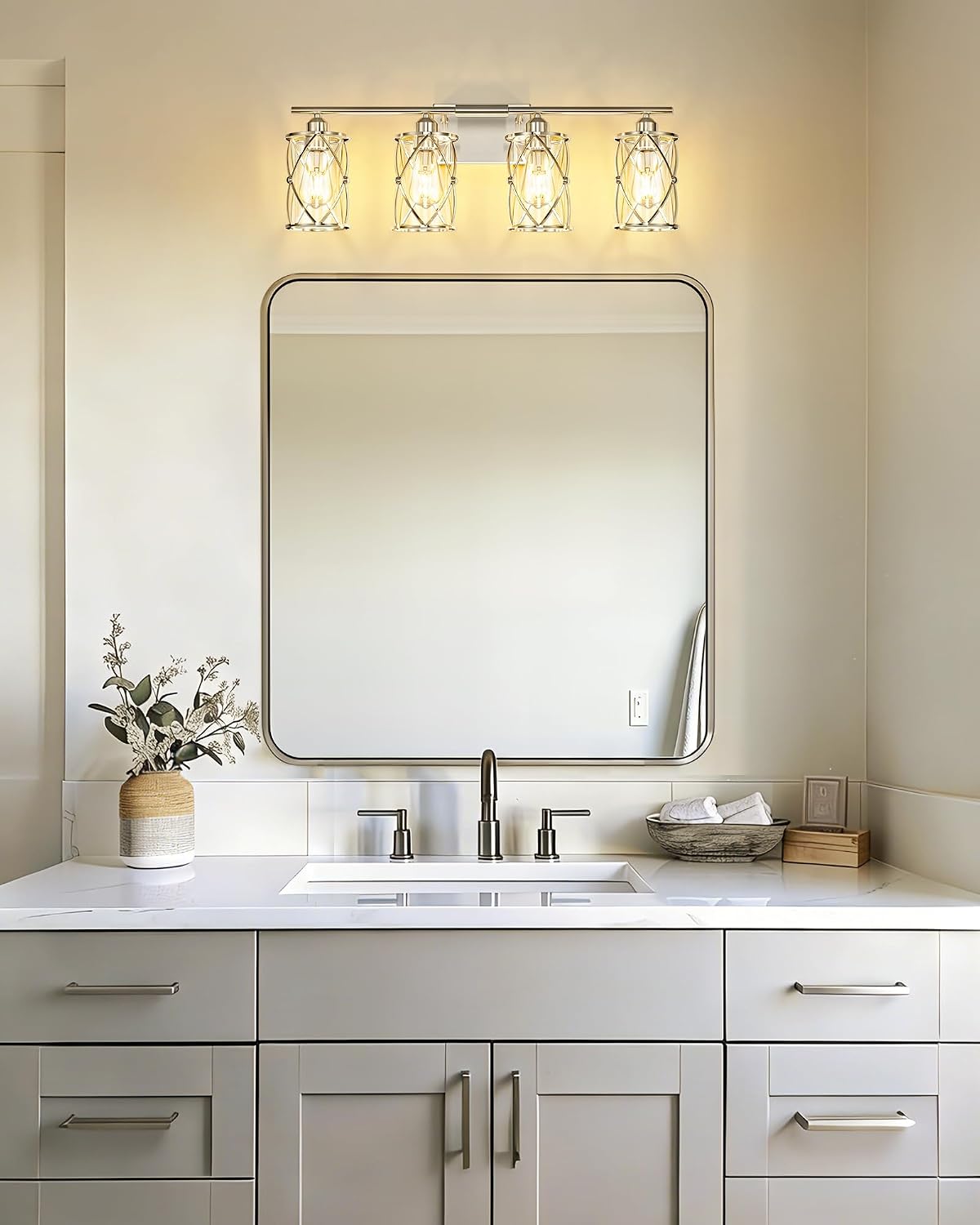 4-Light Brushed Nickel Bathroom Light Fixtures, 29 Inch Modern Bathroom Vanity Lighting Fixtures Over Mirror with Clear Glass and Metal Cage Wall Sconce Lights for Bath, E26, CH9176BN-4W