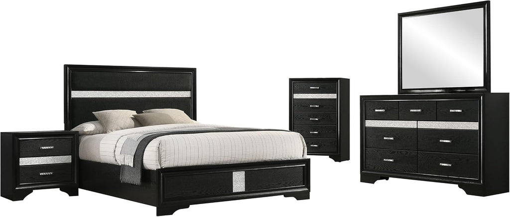 Coaster Home Furnishings Miranda Contemporary 5-Piece Bedroom Set Fabric Upholstered Full Size Panel Bed Frame 54-inch Headboard Black 206360F-S5