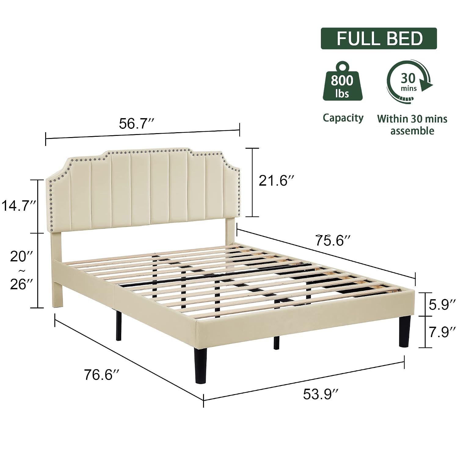 VECELO Upholstered Platform Full Bed Frame with Tufted Adjustable Headboard/Mattress Foundation/Wood Slat Support,Easy Assembly,Beige