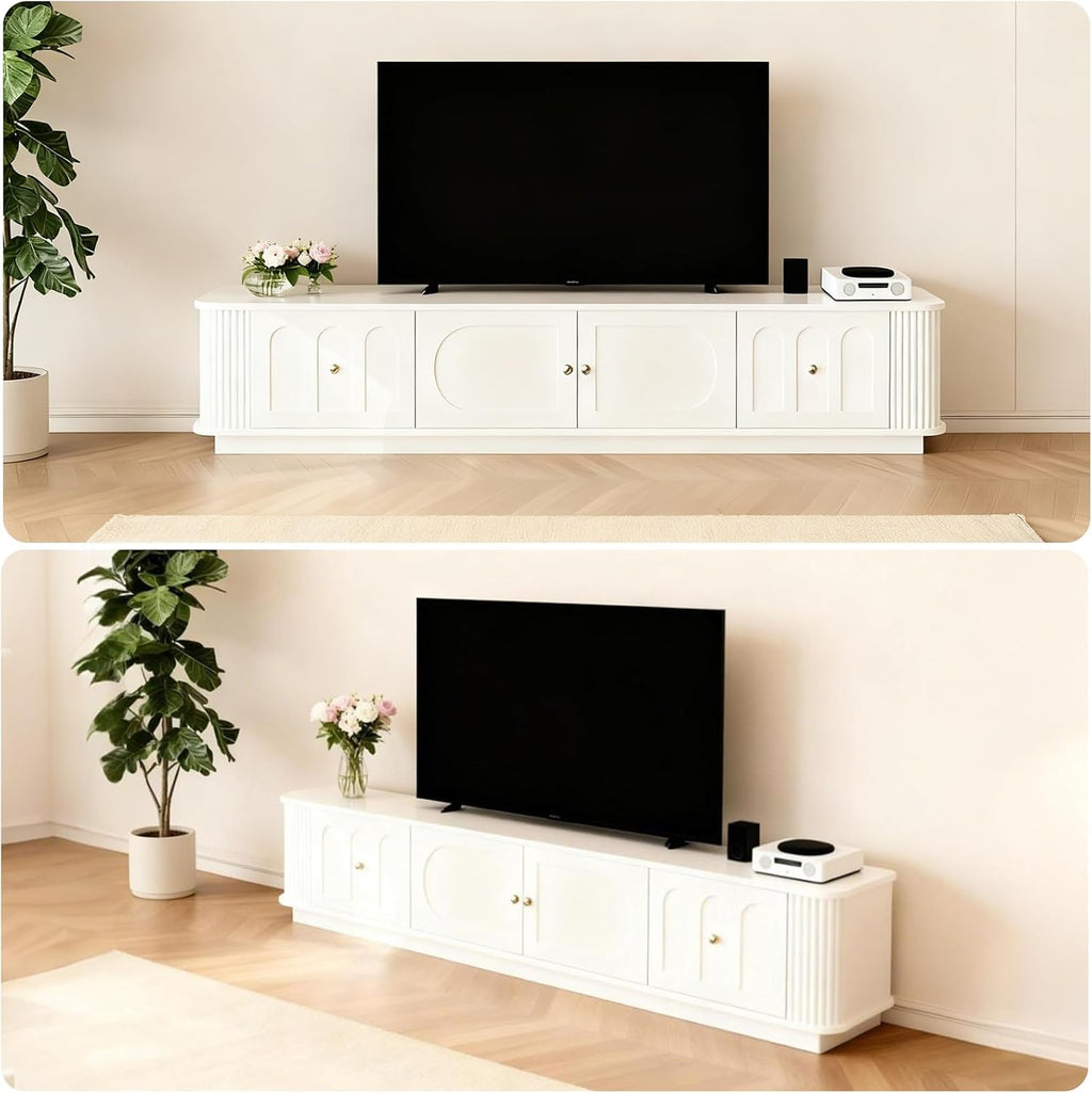Modern TV Stand with Storage, Minimalist Entertainment Center with 2 Drawers & Open Shelves for 55/65/75/85 Inch TVs, Dual Soft Curtain Doors, for Living Room & Bedroom, White (Style1)