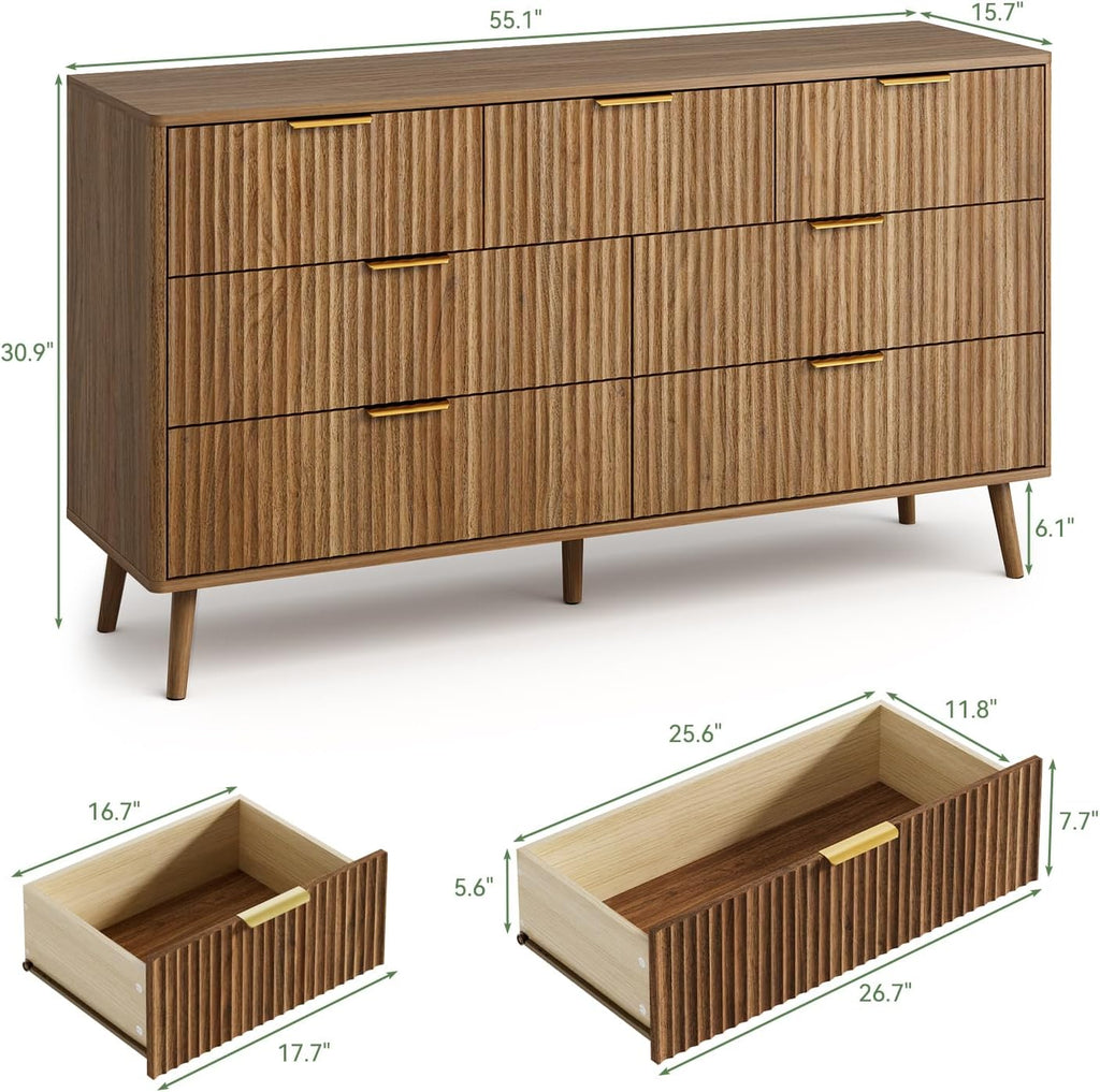 LYNSOM Fluted Dresser and Nightstand Sets 3 Piece, 7-Drawers Dresser and 1-Drawer Nightstands Set of 2, Wood Bedroom Furniture Set for Home, Bedroom, Hallway, Walnut
