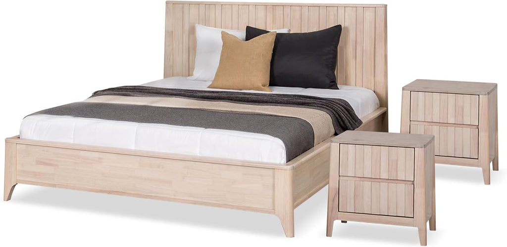 Furniture of America Elysia Mid-Century Modern 3-Piece Bedroom Collection with Vertical Fluting Bedframe, 2-Drawer Nightstands Set of 2, No Box Spring Required for Home, Guest Room, Full, White Wash