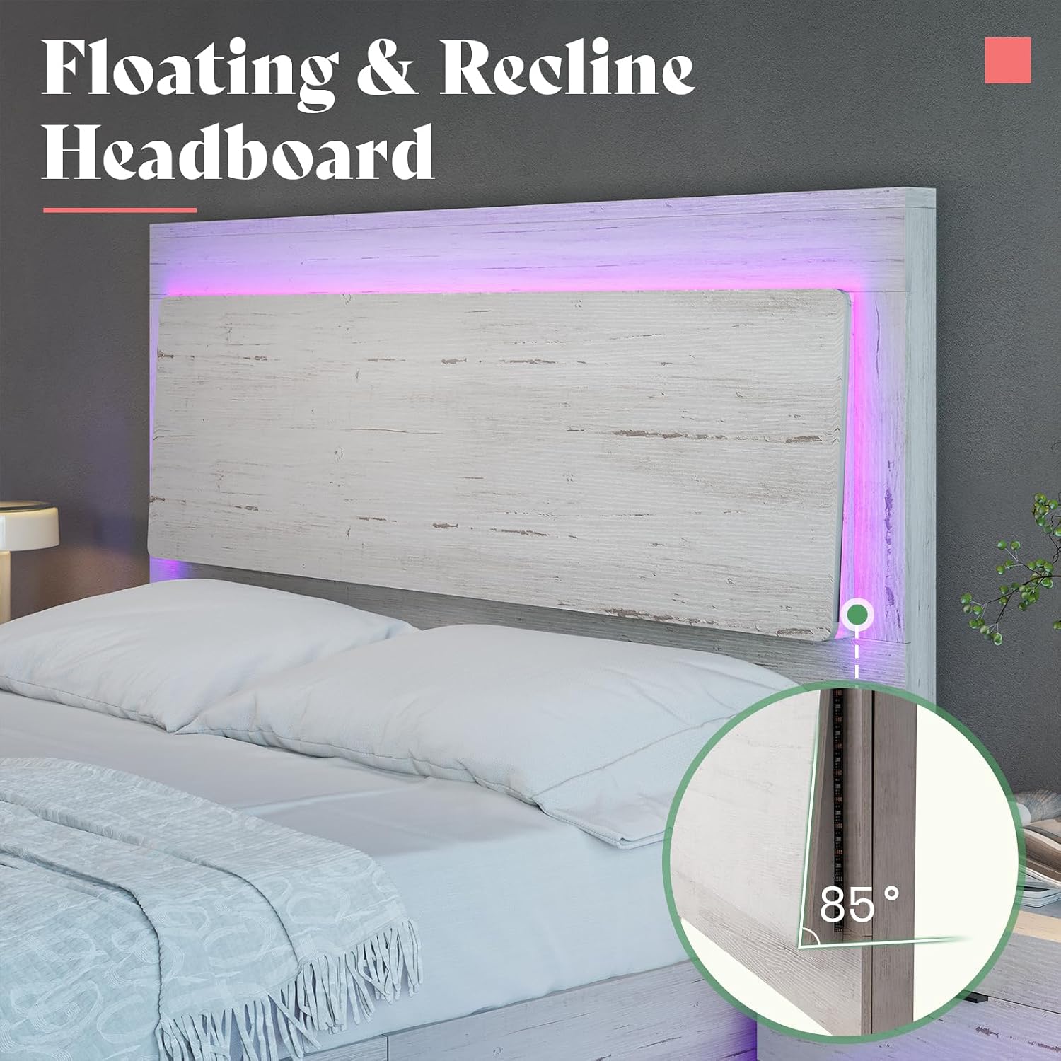 AMERLIFE Full Bed Frame, Farmhouse Floating Bed Frame with Recline Headboard, Platform Bed with LED Light, No Box Spring Needed/Noise Free, Distressed White