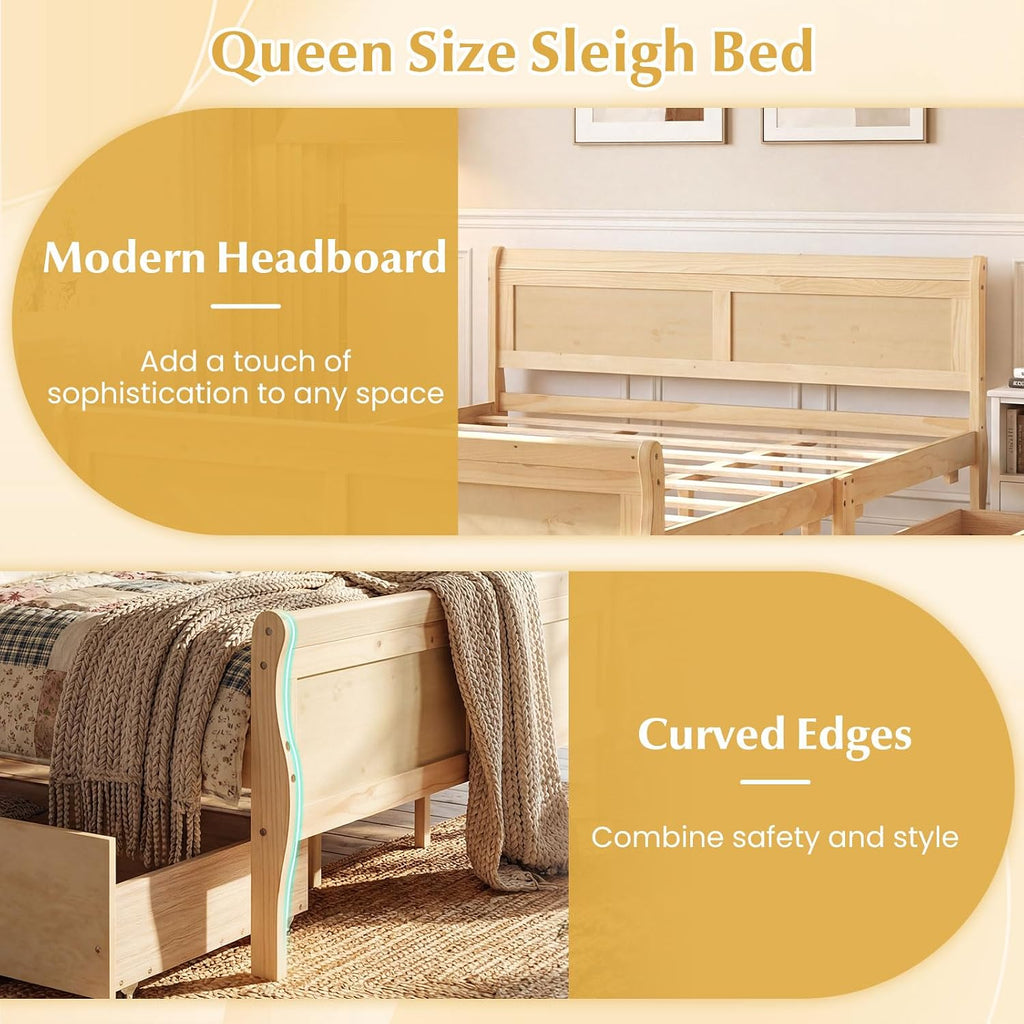 Giantex Queen Bed Frame with 2 Storage Drawers, Wood Platform Bed w/Headboard & Footboard, Wooden Slats Support Mattress Foundation, Sleigh Bedframe for Teens Adults, No Box Spring Needed (Natural)