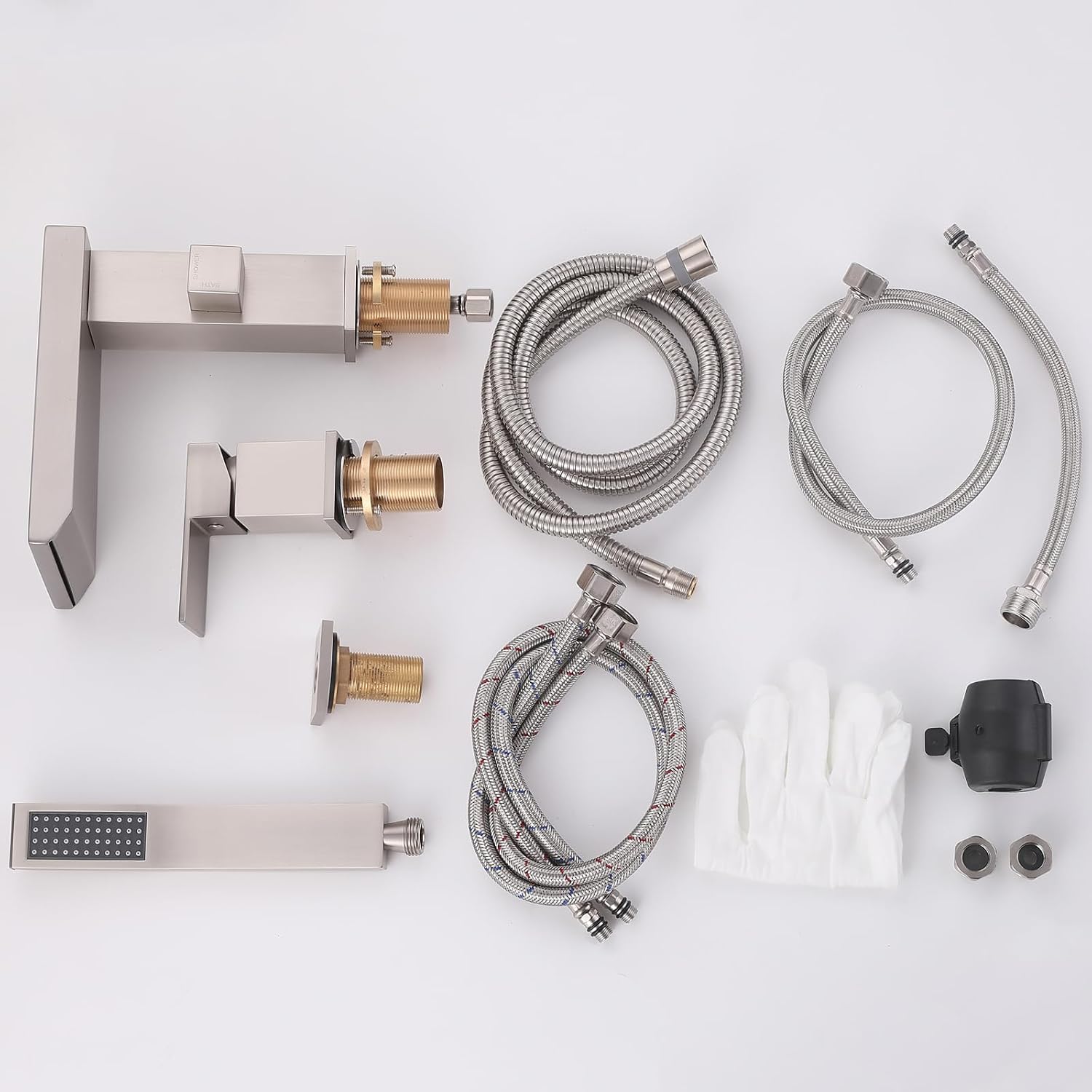 Waterfall Roman Tub Faucet with Hand Shower, Deck Mount Tub Filler Bathtub Faucet with Sprayer, Brass Widespread 3 Hole Bathtub Shower Faucet Set, Brushed Nickel