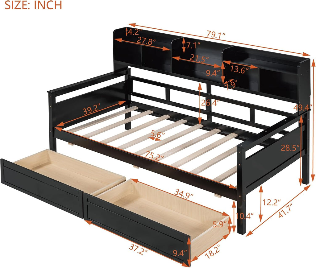 Merax Daybed with Bedside Shelves and 2 Drawers, Wooden Slats Support, Modern Living Daybed with Rails, Twin Size, Espresso