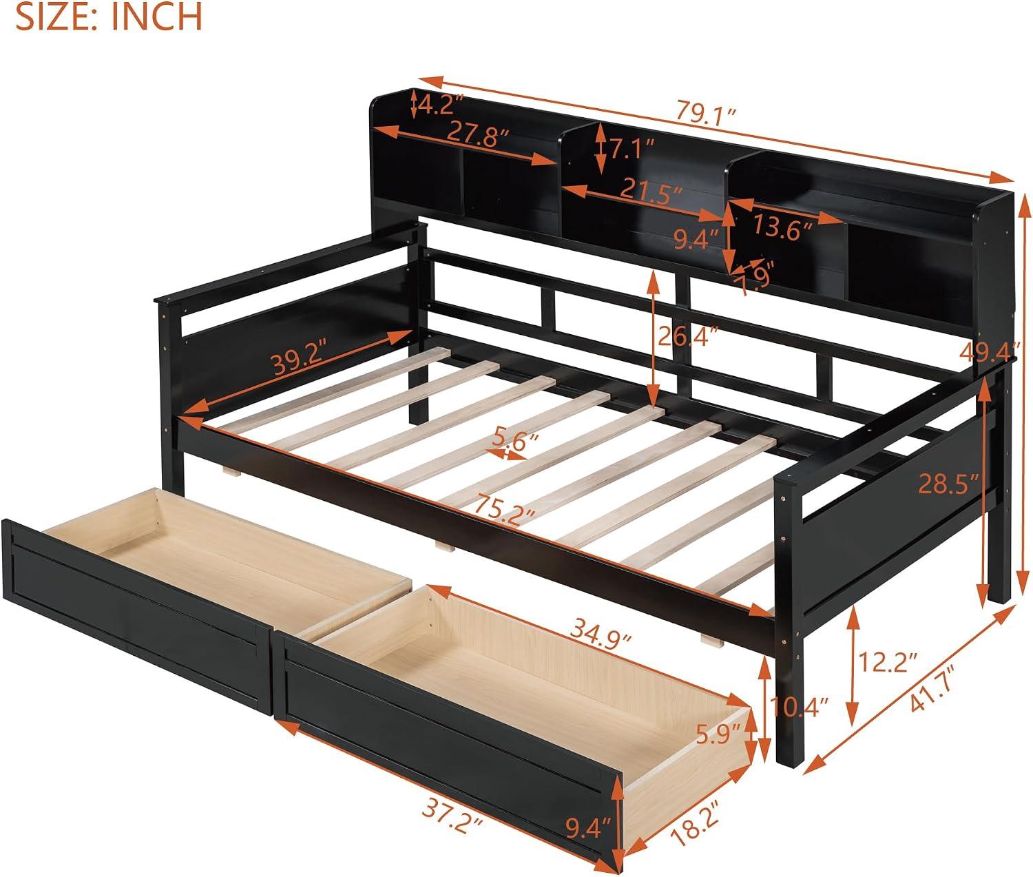 Merax Daybed with Bedside Shelves and 2 Drawers, Wooden Slats Support, Modern Living Daybed with Rails, Twin Size, Espresso