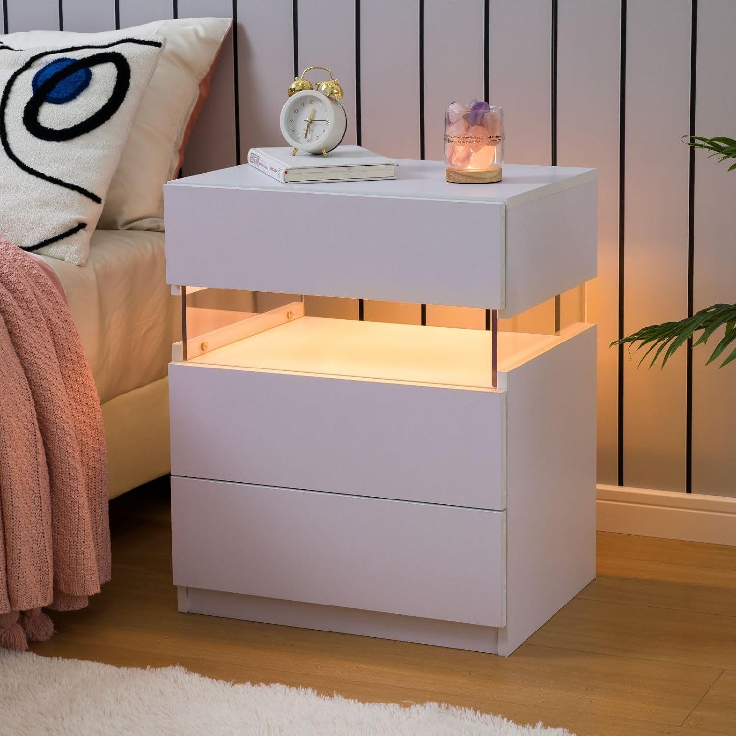 i-aplus White LED Nightstand Set of 2,Night Stand Set 2,Modern Night Stand with 3 Drawers,Night Stands for Bedroom Set of 2,Bedside Table Suitable for Small Spaces and Indoor use Capabilities