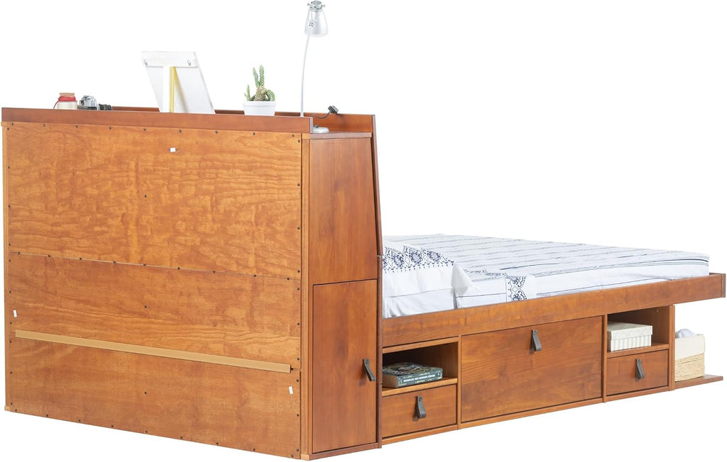 memomad Bali Set: Storage Platform Bed with Drawers + Bookcase Headboard (Full Size, Caramel Brown Wood)