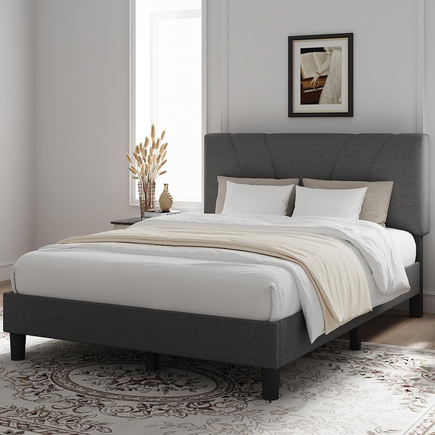 Novilla Queen Size Bed Frame Upholstered Platform Queen Bed Frame with Adjustable Headboard, Strong Weight Capacity, No Box Spring Needed, Easy Assembly, Grey