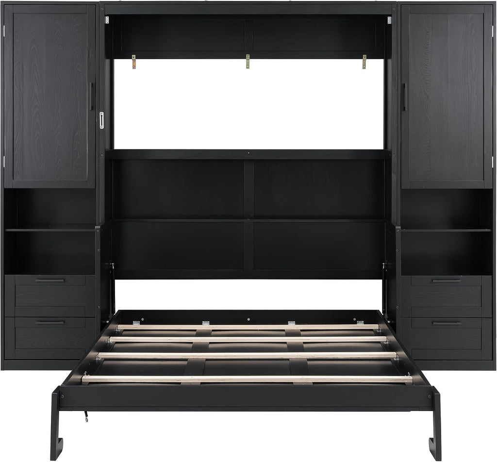 Merax Queen Size Murphy Bed with Desk, Multifunctional Foldable Wall Bed with Closet, Drawers and Shelves, Space-Saving Wood Bed Frame for Small Space Studio Study Office Guest Room, Black(Oak Veneer)