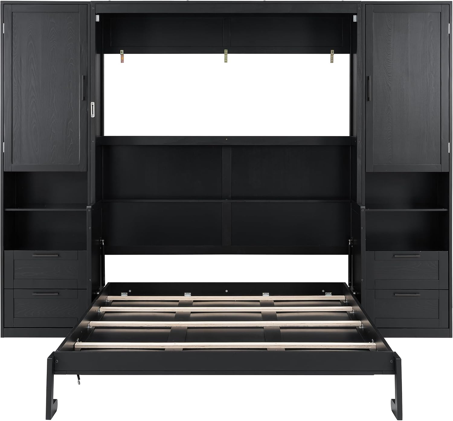Merax Queen Size Murphy Bed with Desk, Multifunctional Foldable Wall Bed with Closet, Drawers and Shelves, Space-Saving Wood Bed Frame for Small Space Studio Study Office Guest Room, Black(Oak Veneer)