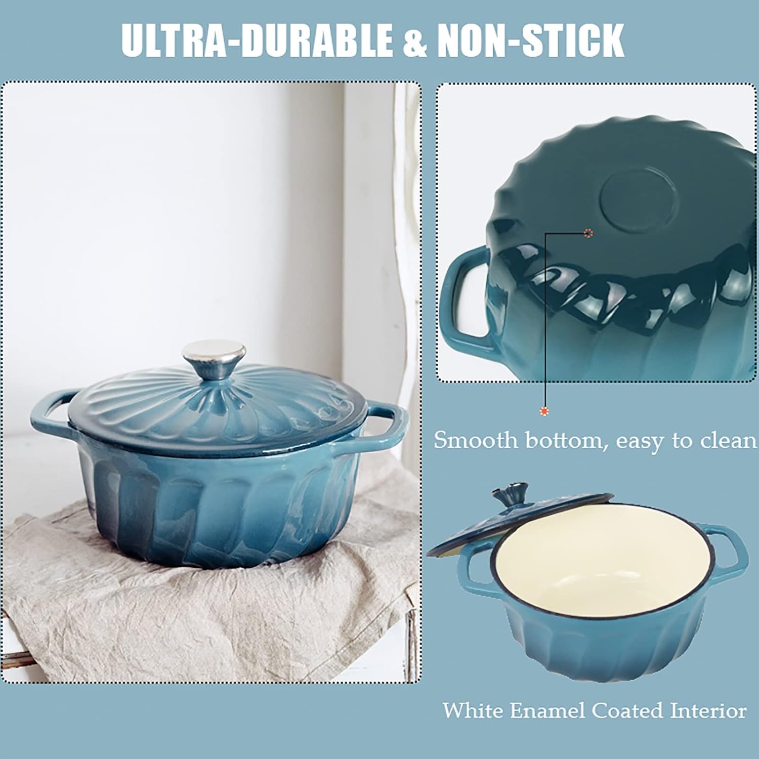 Open Flame Casserole Pot Nonstick Enameled Cast Iron Dutch Oven Induction Easter Cuisine with Lid Braiser Dual Handles for Beginners(Purple)