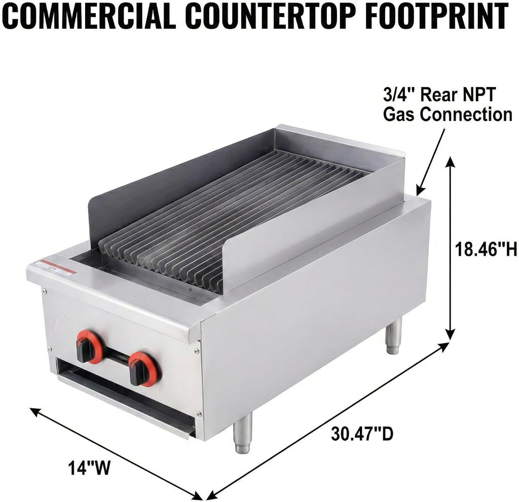 Commercial Gas Charbroiler, 14' 2-Burner 40,000 BTU Countertop Gas Grill, Heavy-Duty Stainless Steel, ETL Certified for Restaurant Kitchen, Food Truck, Cafeteria