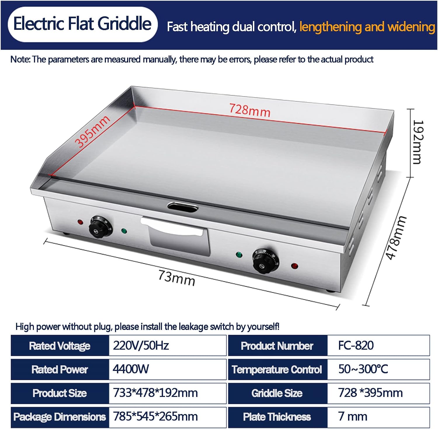 Electric Griddle, Commercial Electric Flat Top Griddle 110-220V Teppanyaki Stainless Steel Grill Adjustable Thermostatic Control, 122°F-572°F, Nonstick Countertop Hot Plate for Home Restaurant,820