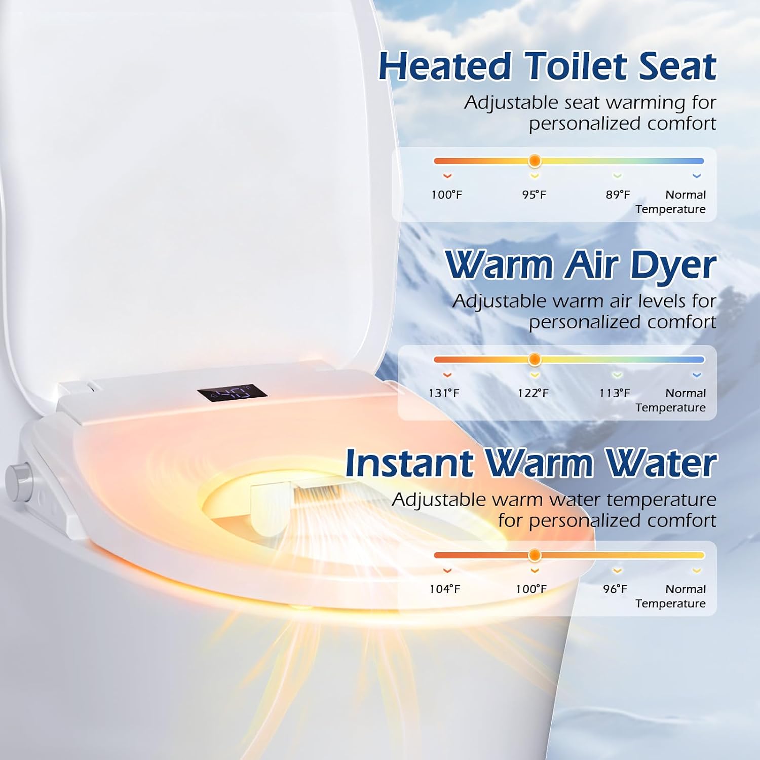 Bidet Toilet Seat, Electric Smart Heated Toilet Seat with Instant Warm Water & Dryer, Feminine & Front Rear Wash, Self-Clean Nozzle, Night Light, Wireless Remote, Soft Closed Toilet Lid, Elongated