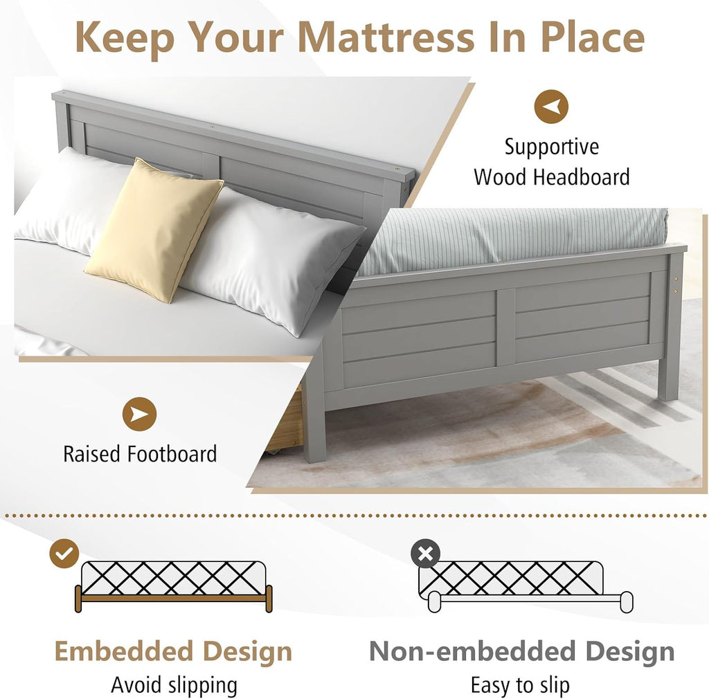 KOMFOTT Twin Size Wood Bed Frame with 2 Storage Drawers, Mid Century Platform Bed Frame with Headboard, Sturdy Wooden Slats Support, Modern Mattress Foundation, No Box Spring Required, Easy Assembly