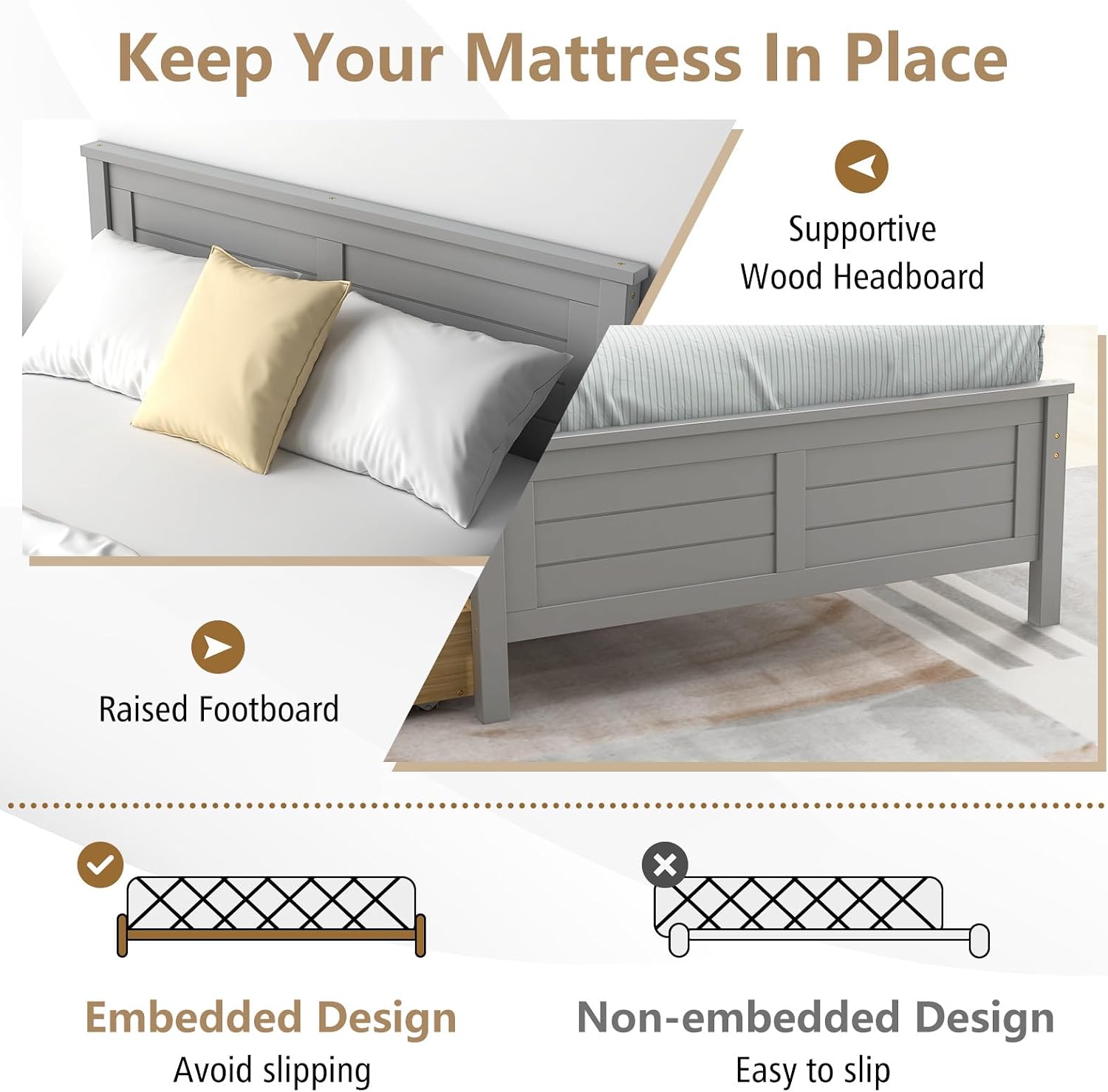 KOMFOTT Twin Size Wood Bed Frame with 2 Storage Drawers, Mid Century Platform Bed Frame with Headboard, Sturdy Wooden Slats Support, Modern Mattress Foundation, No Box Spring Required, Easy Assembly