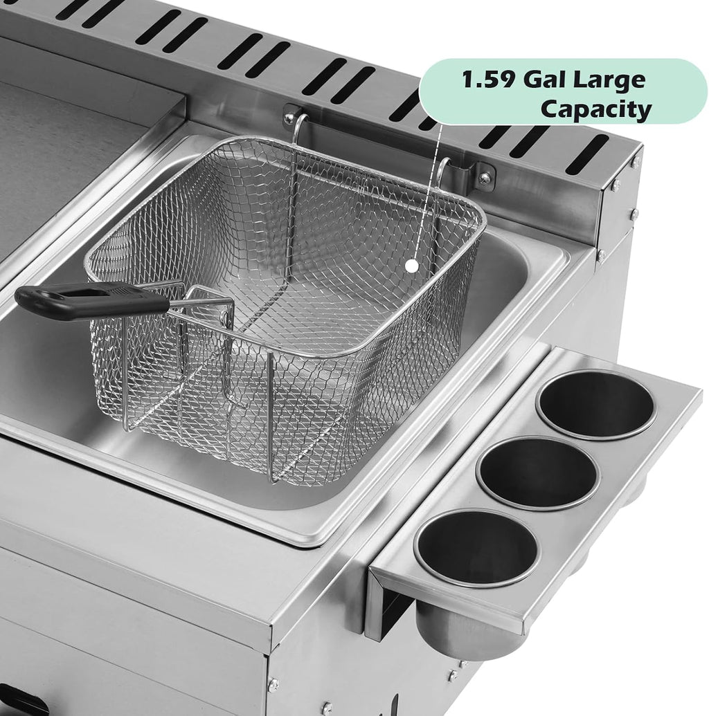 2-in-1 Commercial Propane Deep Fryer with Griddle, 6.34QT Stainless Steel Gas Propane Flat Top Grill Griddle with Removable Basket Countertop Fryer with Temperature Control for Restaurant Home Kitchen