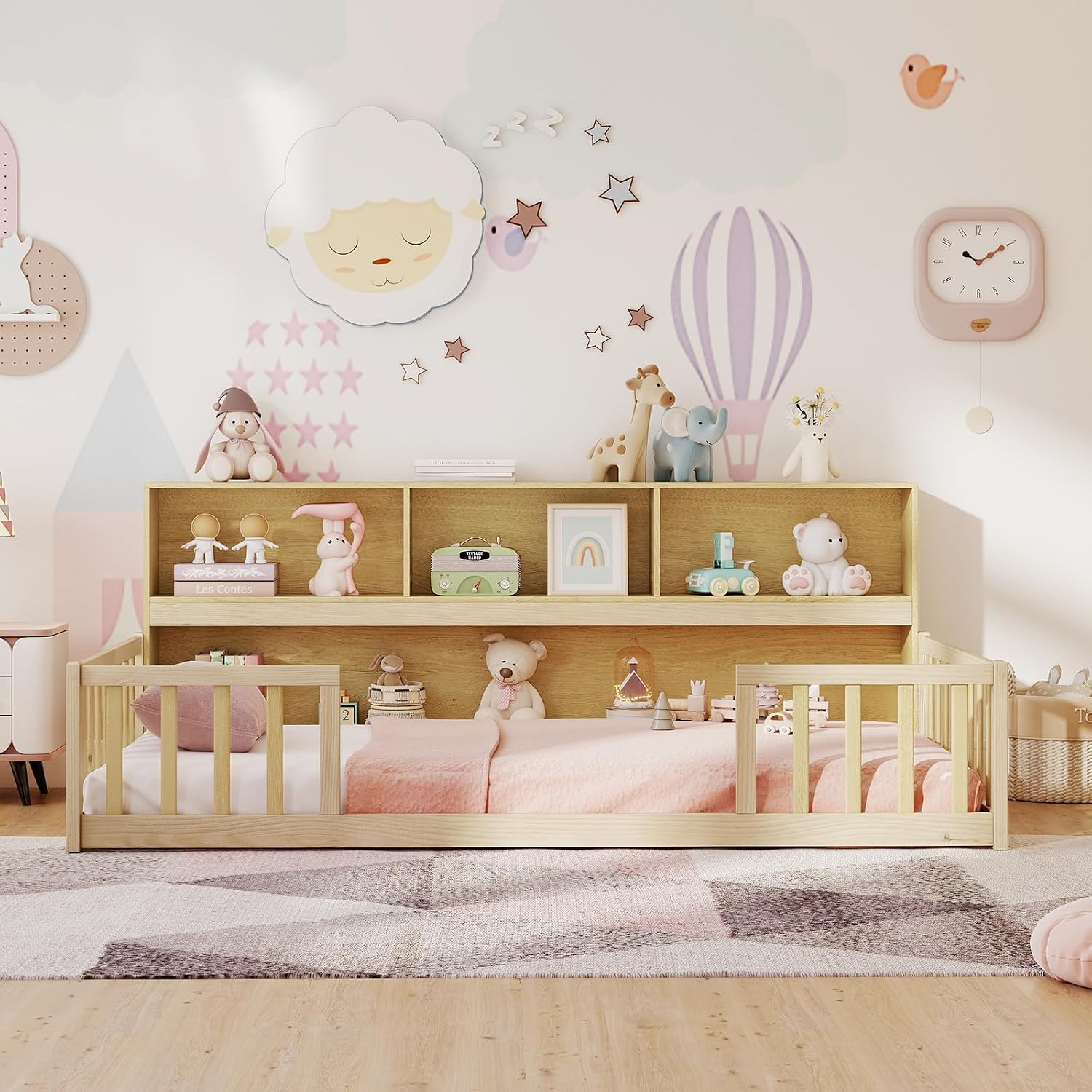 Giantex Twin Floor Bed for Kids, Wooden Montessori Bed Frame with Bookcase, Storage Shelves & Safety Fence Rails, Floor Beds Twin for Girls, Boys, No Box Spring Needed, Without Slats, Natural