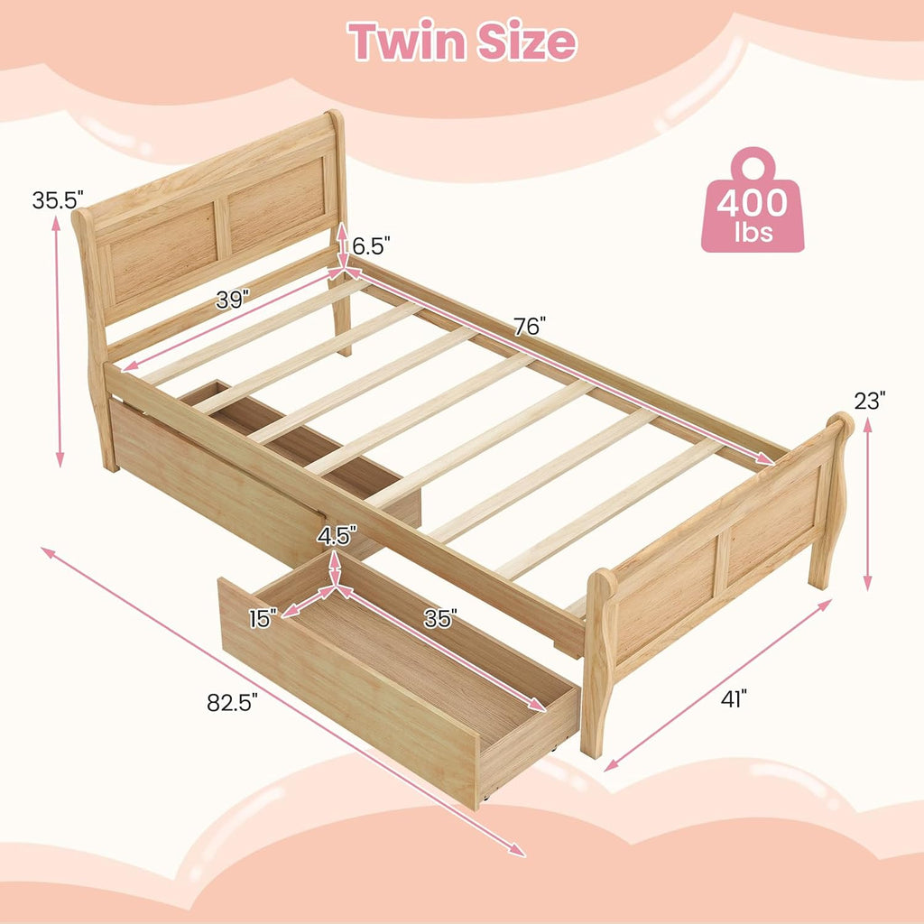 KOMFOTT Twin Bed with 2 Drawers, Twin Storage Bed with Headboard & Footboard, Sleigh Wood Bed Frame with Wooden Slats Support for Kids, Teens, Adults, No Box Spring Needed (Natural)