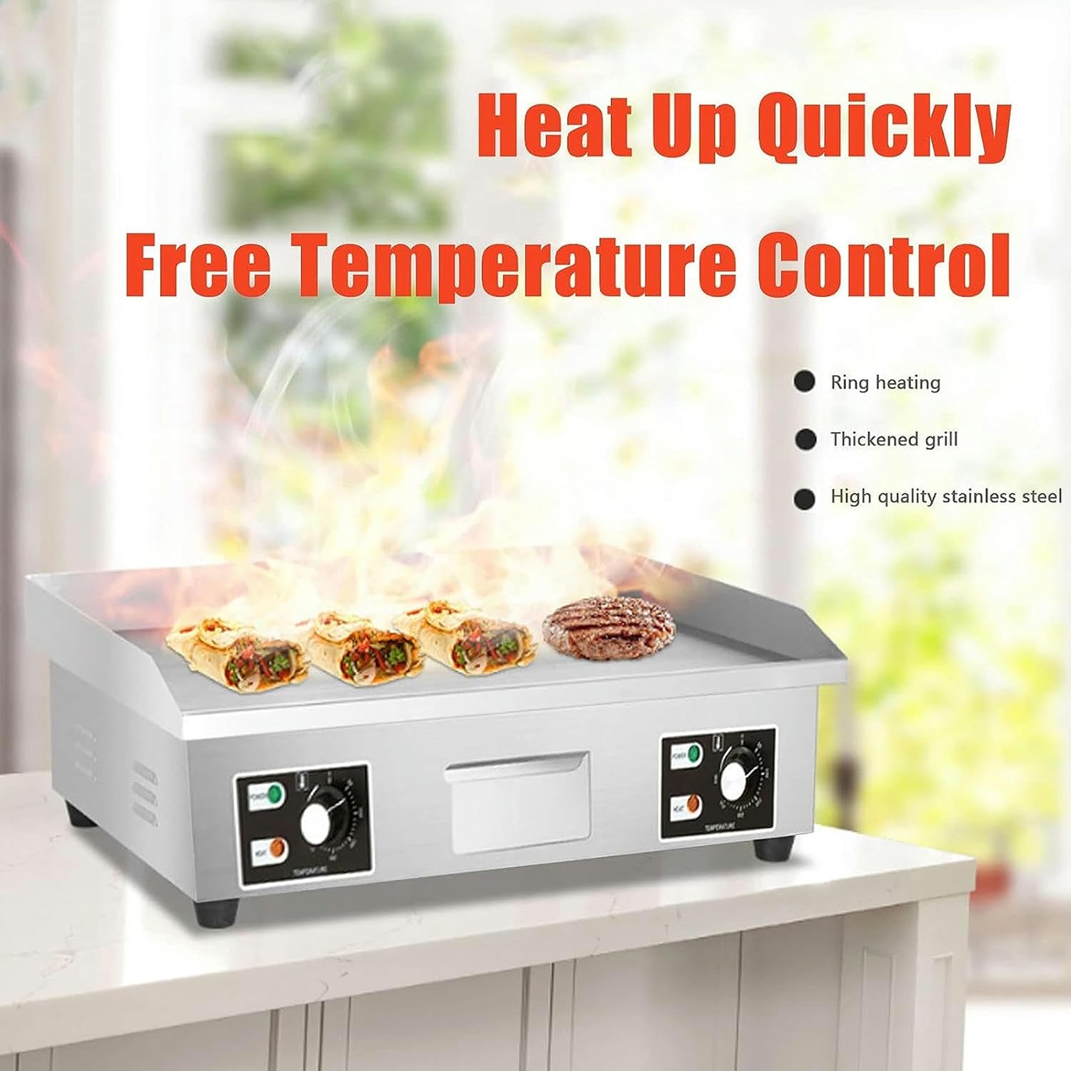 Commercial Electric Griddle, Kitchen BBQ Grill, Stainless Steel Electric Griddle, Nonstick Countertop Hot Plate Commercial BBQ Grill, Two Burners with Thermostatic Control, 110~240V