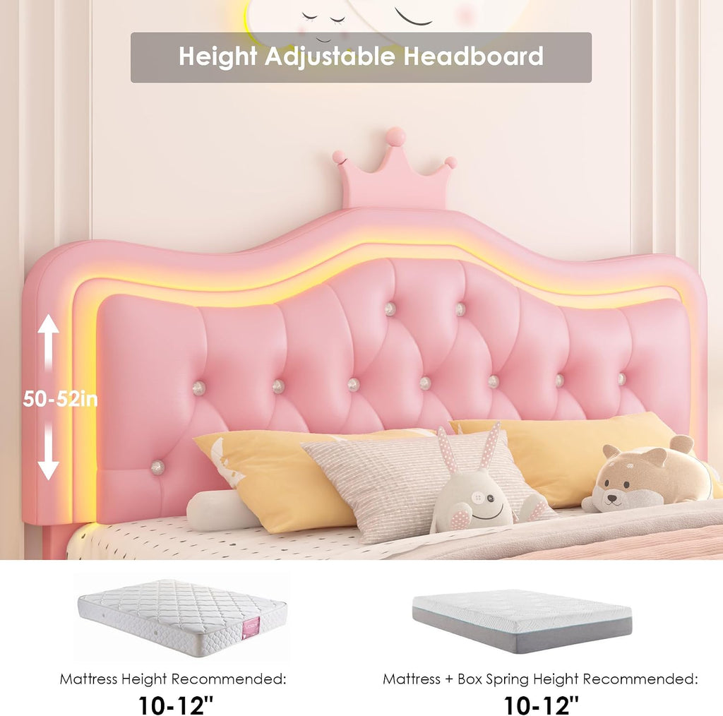 Keyluv Full Upholstered LED Bed Frame with Storage Drawer, Leather Princess Platform Bed with Adjustable Crystal Button Tufted Crown Headboard, Solid Wooden Slats Support, No Box Spring Needed, Pink