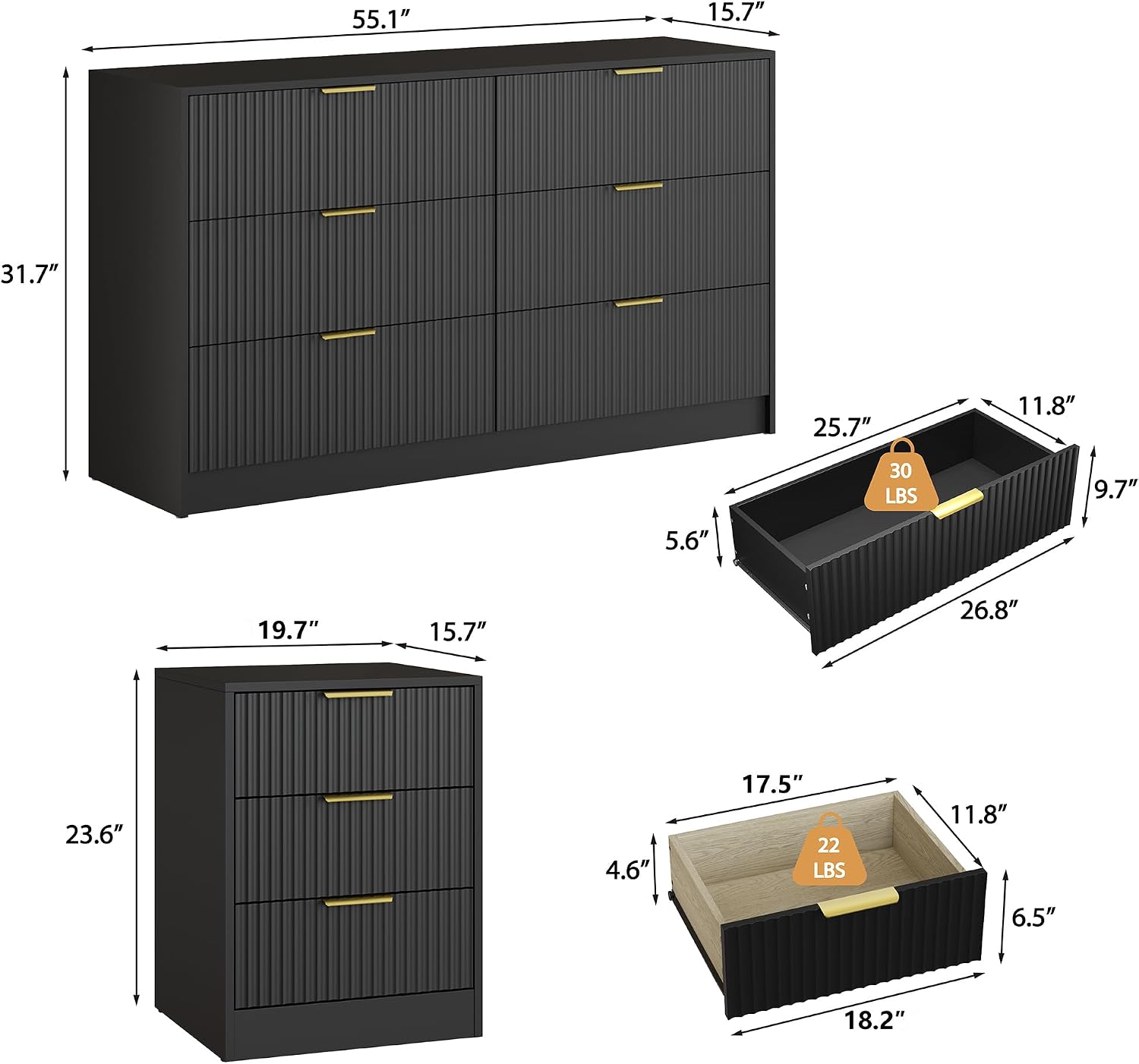 3-Piece Modern Bedroom Furniture Set, Wide 6-Drawer Dresser & 3-Drawer Nightstands Set of 2, Natural Wood Dresser and Nightstand Sets for Bedroom, Hallway, Black