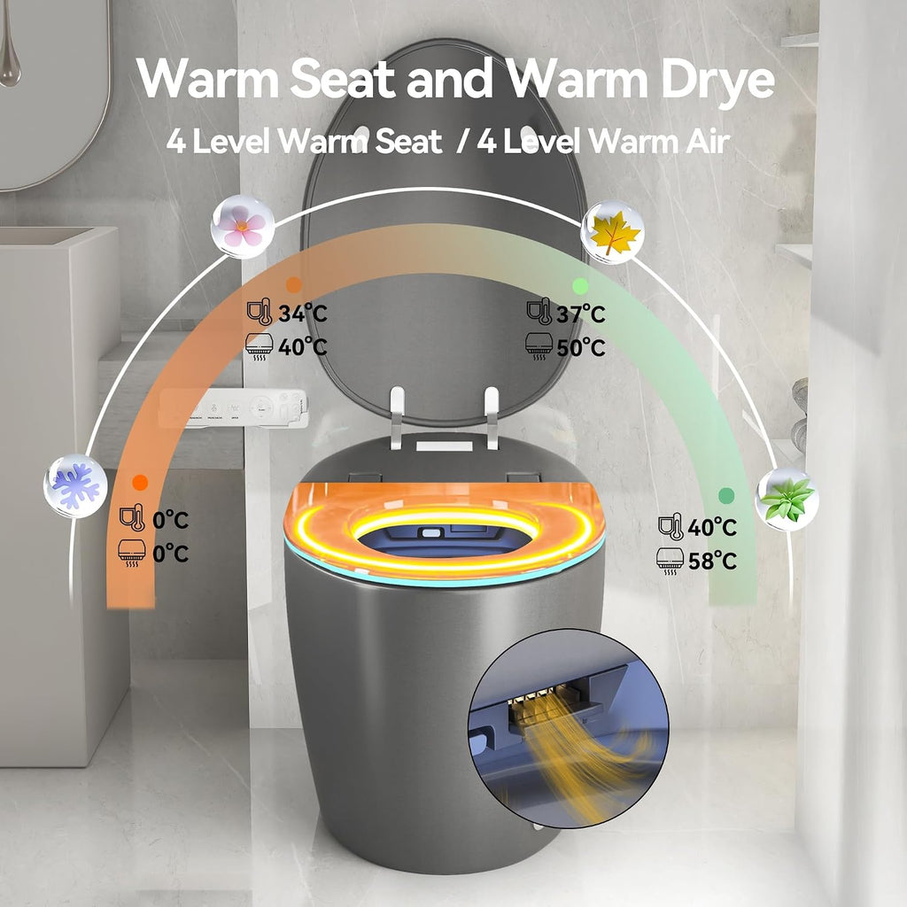Smart Toilet, Electric Tankless Toilet with Bidet Built in & Dryer, Auto Open/Close, Instant Warm Water, Elongated Heated Seat, Auto Flush (Matte Grey, Oval Egg Shaped)