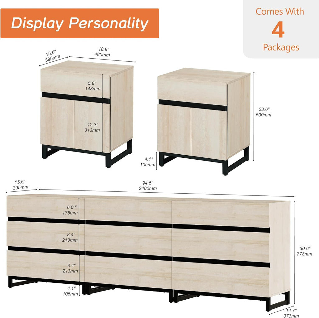 WAMPAT Dresser and Nightstand Set of 3, 94.5 Inches Dresser with 9 Drawers, 2 Nightstand with Drawer and Cabinet for Bedroom, Bedroom Furniture Set, Light Oak