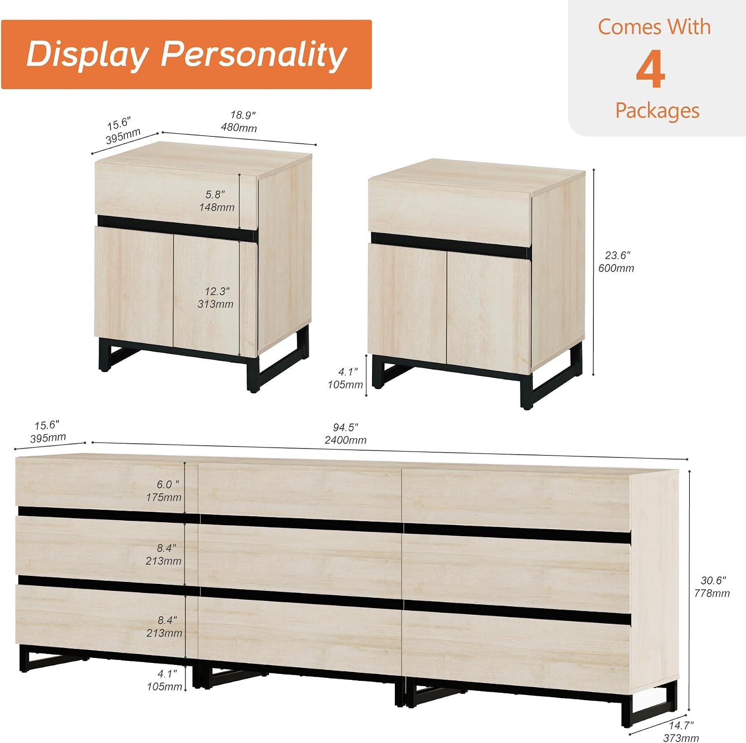 WAMPAT Dresser and Nightstand Set of 3, 94.5 Inches Dresser with 9 Drawers, 2 Nightstand with Drawer and Cabinet for Bedroom, Bedroom Furniture Set, Light Oak