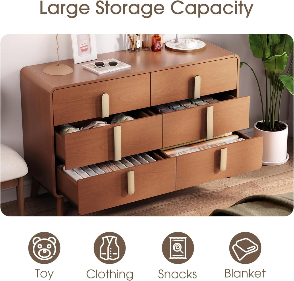JOINICE Dresser for Bedroom with 6 Drawers,Mid Century Modern Dresser with Storage,47' Wide Chest of Drawers with Metal Handles,Large Wood Drawer Organizer for Bedroom,Living Room,Hallway,Cherry