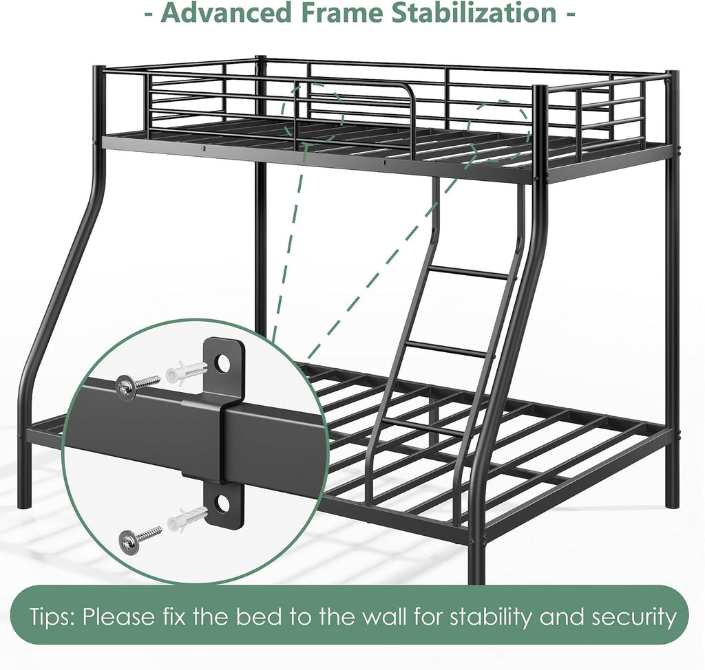 Bunk Beds Twin Over Full Size, Heavy Duty Bunk Beds with Bottom Space & Guardrail Metal Bunk Bed Frame for Adults Dorm Bedroom Guest Room, No Box Spring Needed（Upgrate Black）