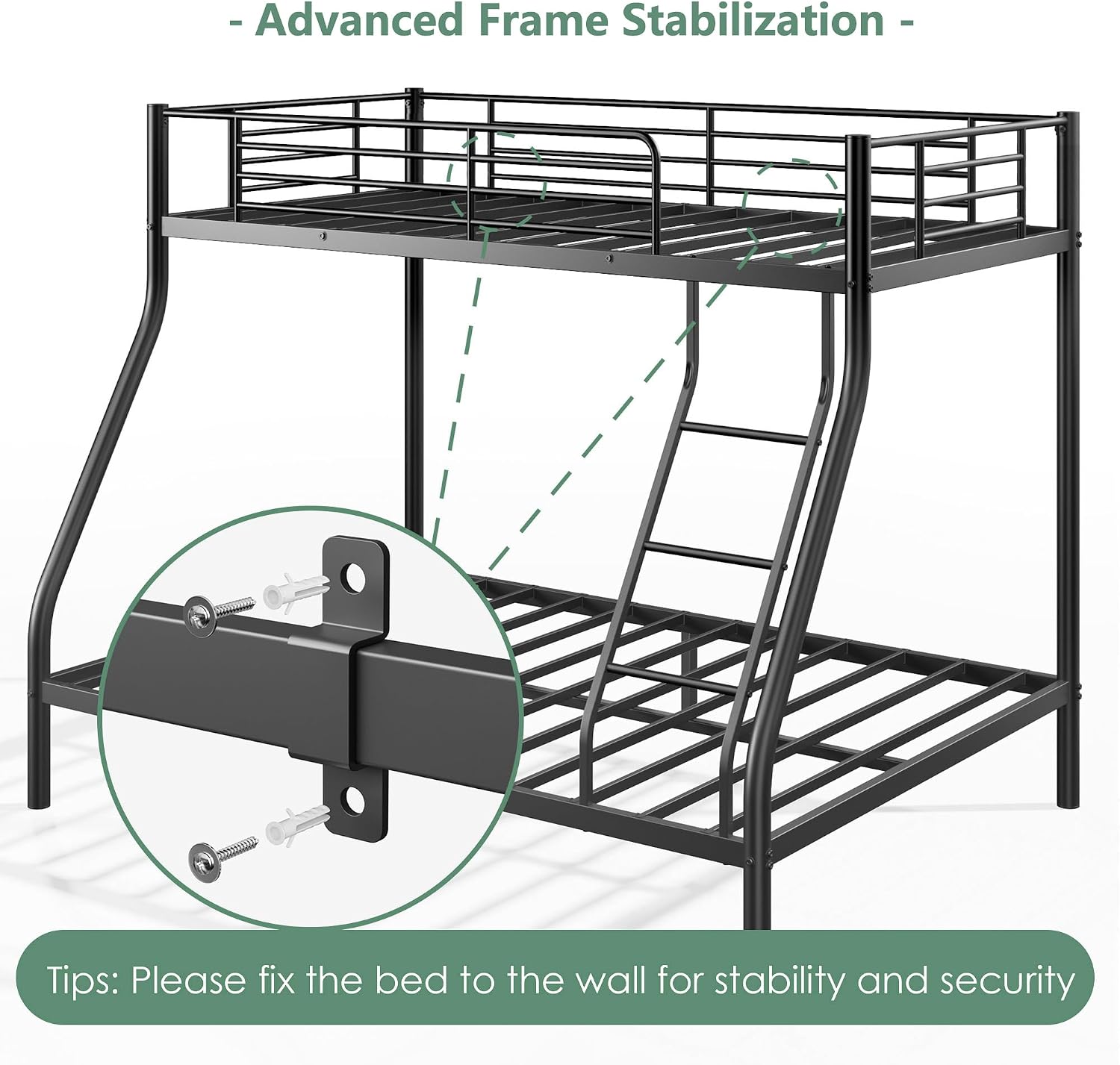 Bunk Beds Twin Over Full Size, Heavy Duty Bunk Beds with Bottom Space & Guardrail Metal Bunk Bed Frame for Adults Dorm Bedroom Guest Room, No Box Spring Needed（Upgrate Black）