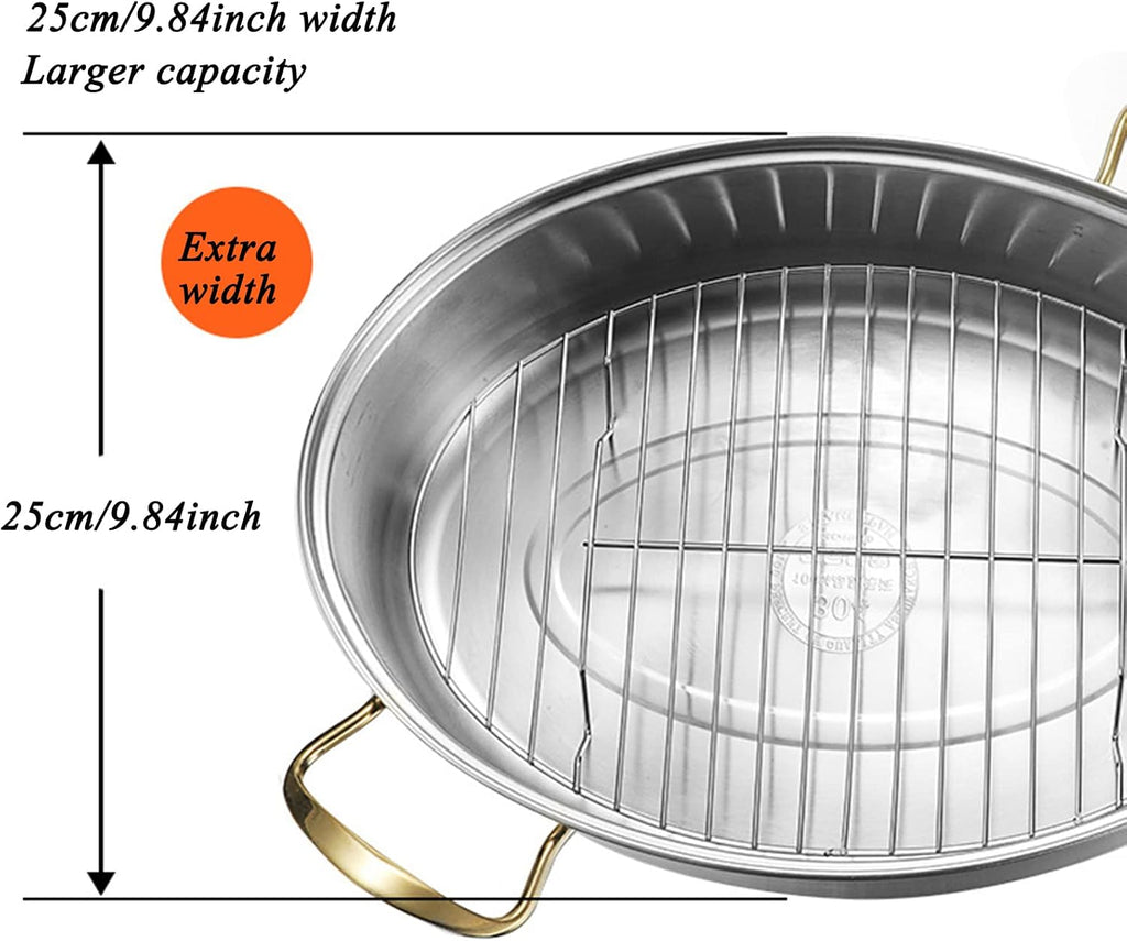 Stainless Steel Fish Steamer Elliptical Roasting Pan Multi-Use Oval Pasta Pot Braiser Stockpot with Rack, Induction Compatible Dishwasher/Oven Safe Turkey Roaster (Double Layer)