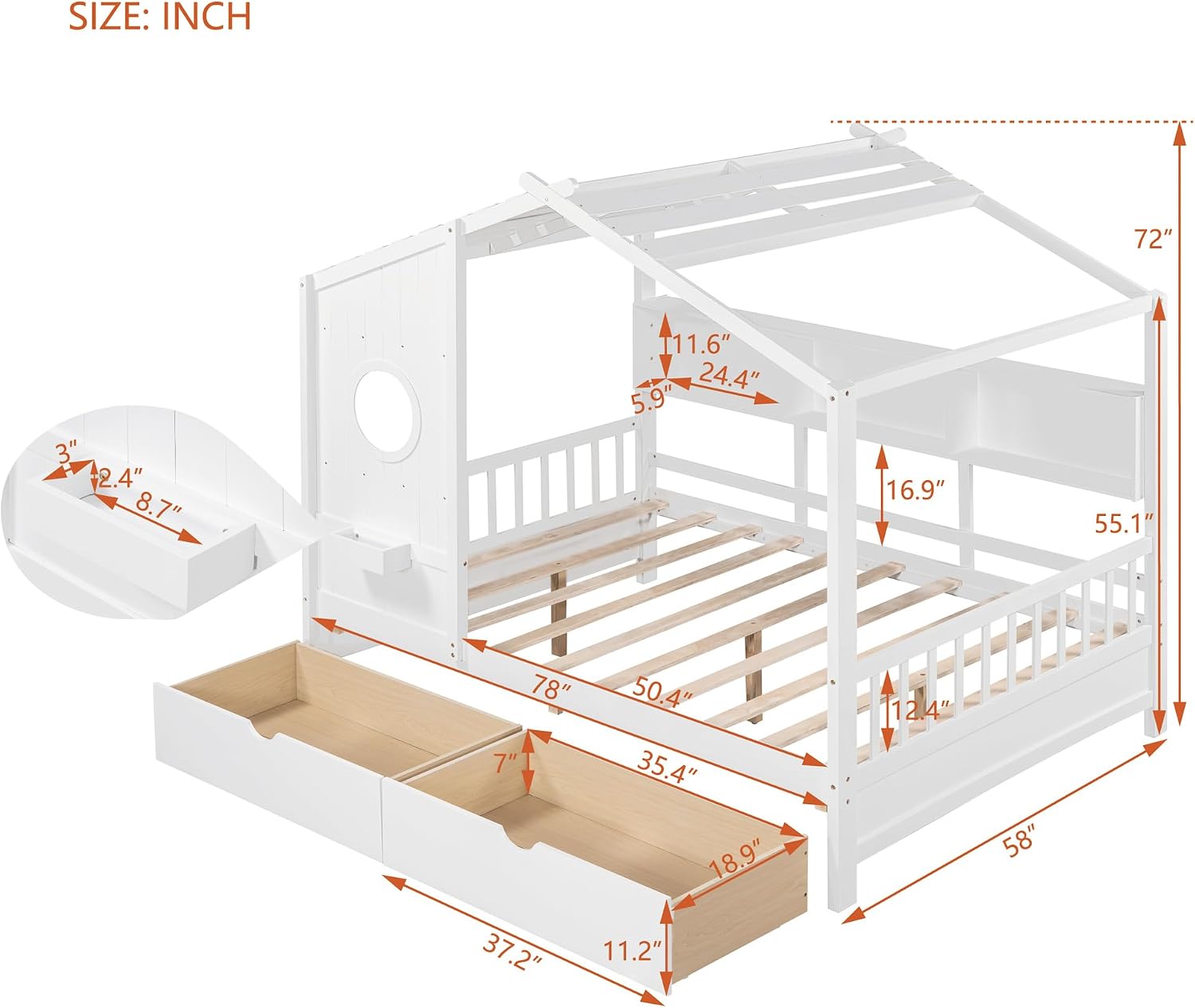 MERITLINE Full Size Kids House Bed with 2 Drawers and Storage Shelf, Wooden Kids Montessori Bed Frame (White)