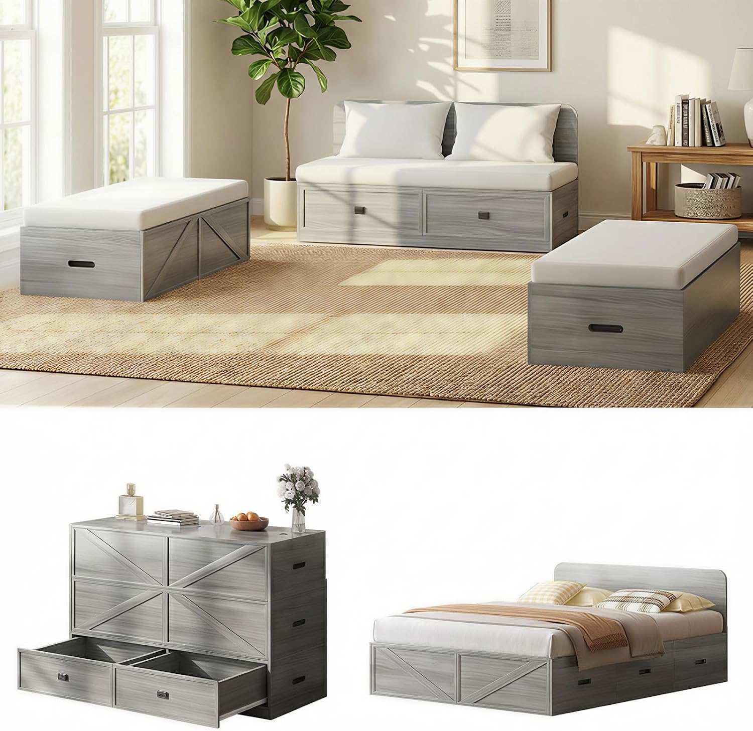 CECER Full Size Murphy Bed with Mattress Include，Murphy Bed Full with Storage Drawers，Multi-Functional Desgin that Converts to Sofa Set for Small Spaces/Guest Room/Bedroom（Grey）