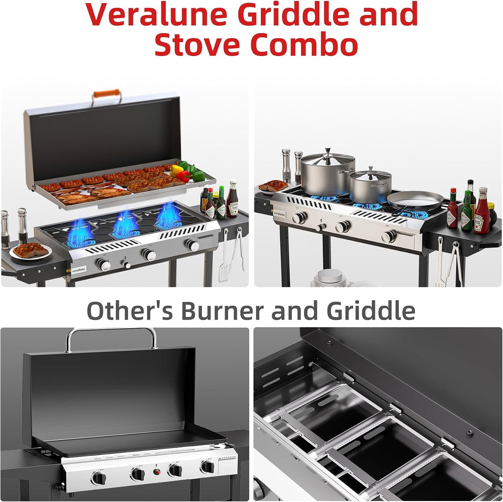 Veralune Outdoor Flat Top Gas Grill with Lid, Outdoor Griddle with Enameled Tray, Propane Gas Griddle, for Breakfast, BBQ & Grilling Steel Cooking Surface, Folding Side Shelves, Push-Button Ignition