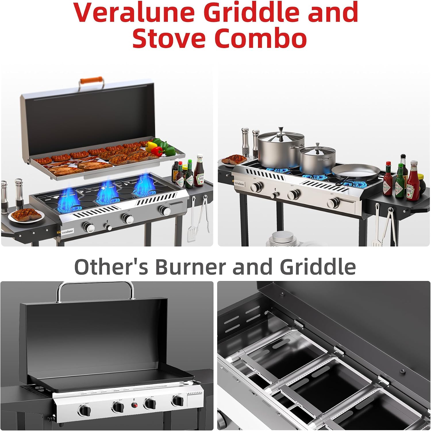 Veralune Outdoor Flat Top Gas Grill with Lid, Outdoor Griddle with Enameled Tray, Propane Gas Griddle, for Breakfast, BBQ & Grilling Steel Cooking Surface, Folding Side Shelves, Push-Button Ignition