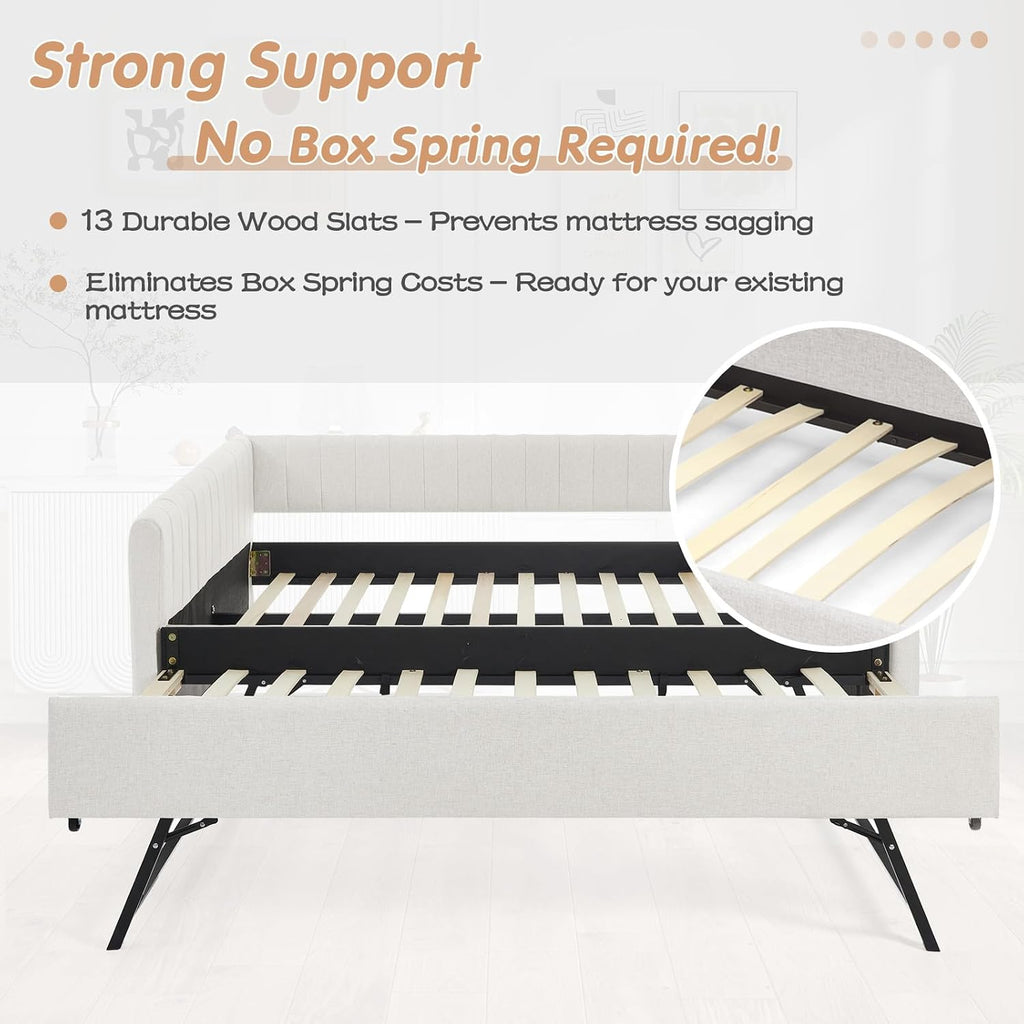 Twin to King Daybed with Trundle, USB Ports Soft Upholstered Daybed with Pop Up Trundle Bed Twin , Modern Extendable Day Bed Frame for Kids Bedroom Living Room Guest Room Small Places Linen White