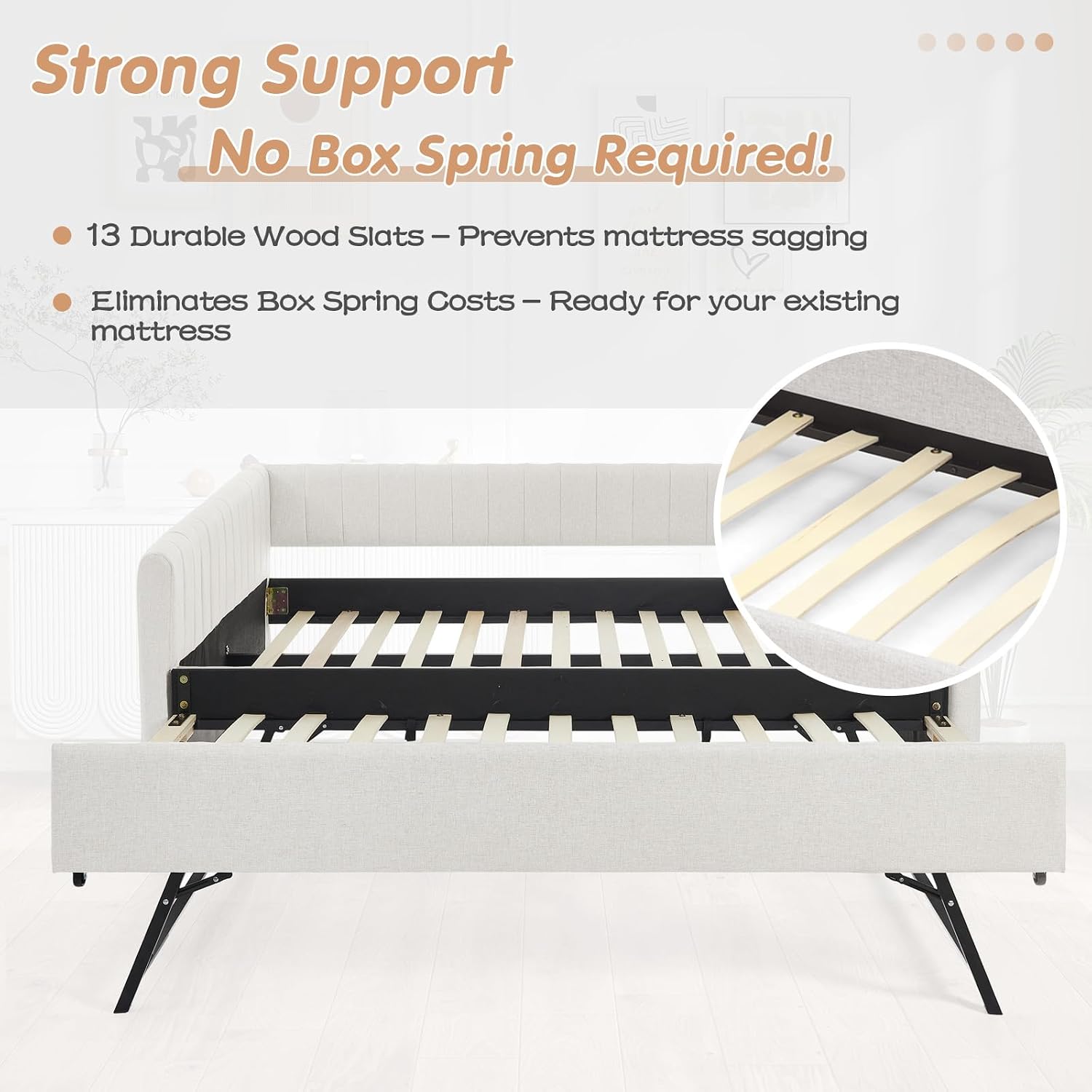 Twin to King Daybed with Trundle, USB Ports Soft Upholstered Daybed with Pop Up Trundle Bed Twin , Modern Extendable Day Bed Frame for Kids Bedroom Living Room Guest Room Small Places Linen White