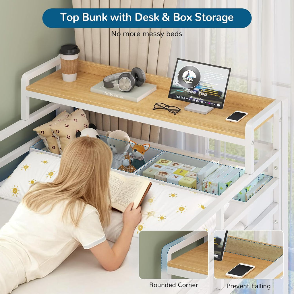 Triple Bunk Bed with Storage Drawers and Bedside Shelf, Twin Over Twin Bunk Bed for Kids/Teens with LED Lights and Charging Station, Heavy Duty Metal Bunk Beds with Safety Guardrail and Ladder, White