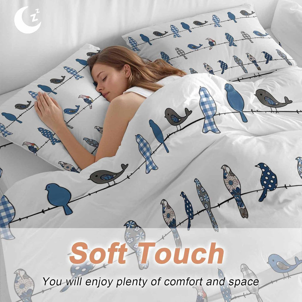 Prime Leader Birds on the Wire Blue Grey Duvet Cover Set Queen Size 4 Pieces Bedding Set with Zipper Closure, 1 Comforter Cover 86x86 Inches 1 Flat Sheet & 2 Pillow Cases