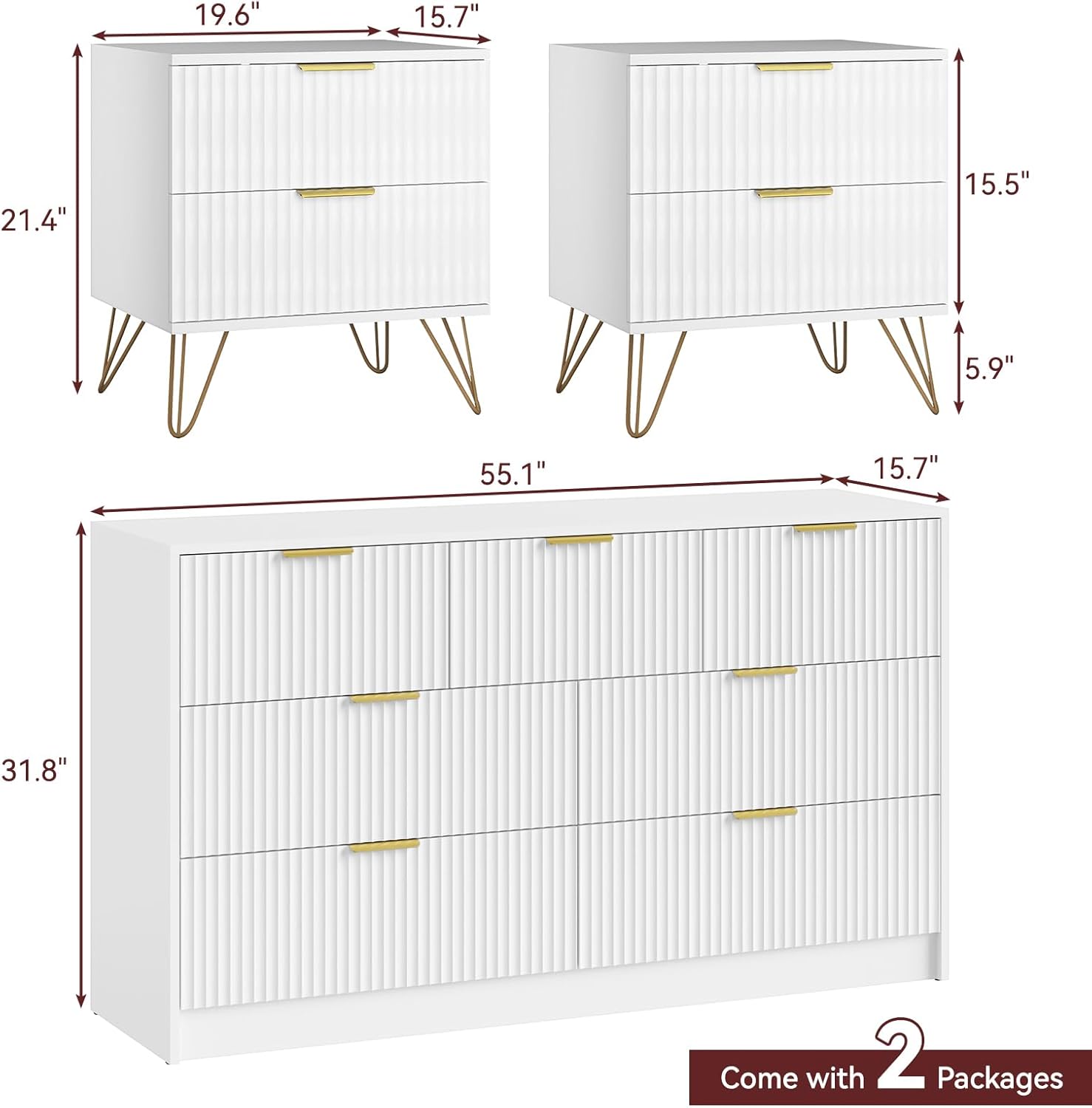 7 Drawer Dresser and Nightstand Sets for Bedroom, 3 Pcs Bedroom Set，Night Stand Set of 2 & 7 Drawer Dresser with Gold Handles, Modern Wood Chest of Drawers Storage Cabinet Set, White