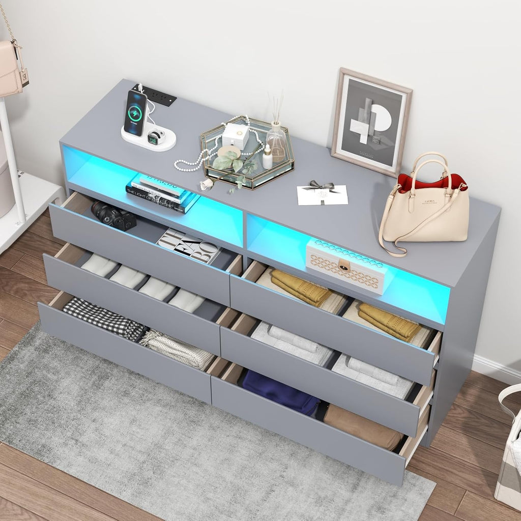 Gyfimoie 6 Drawers Dresser with Power Outlet, Accent Chests of Drawers with LED Light, Modern Storage Dresser for Bedroom, Living Room