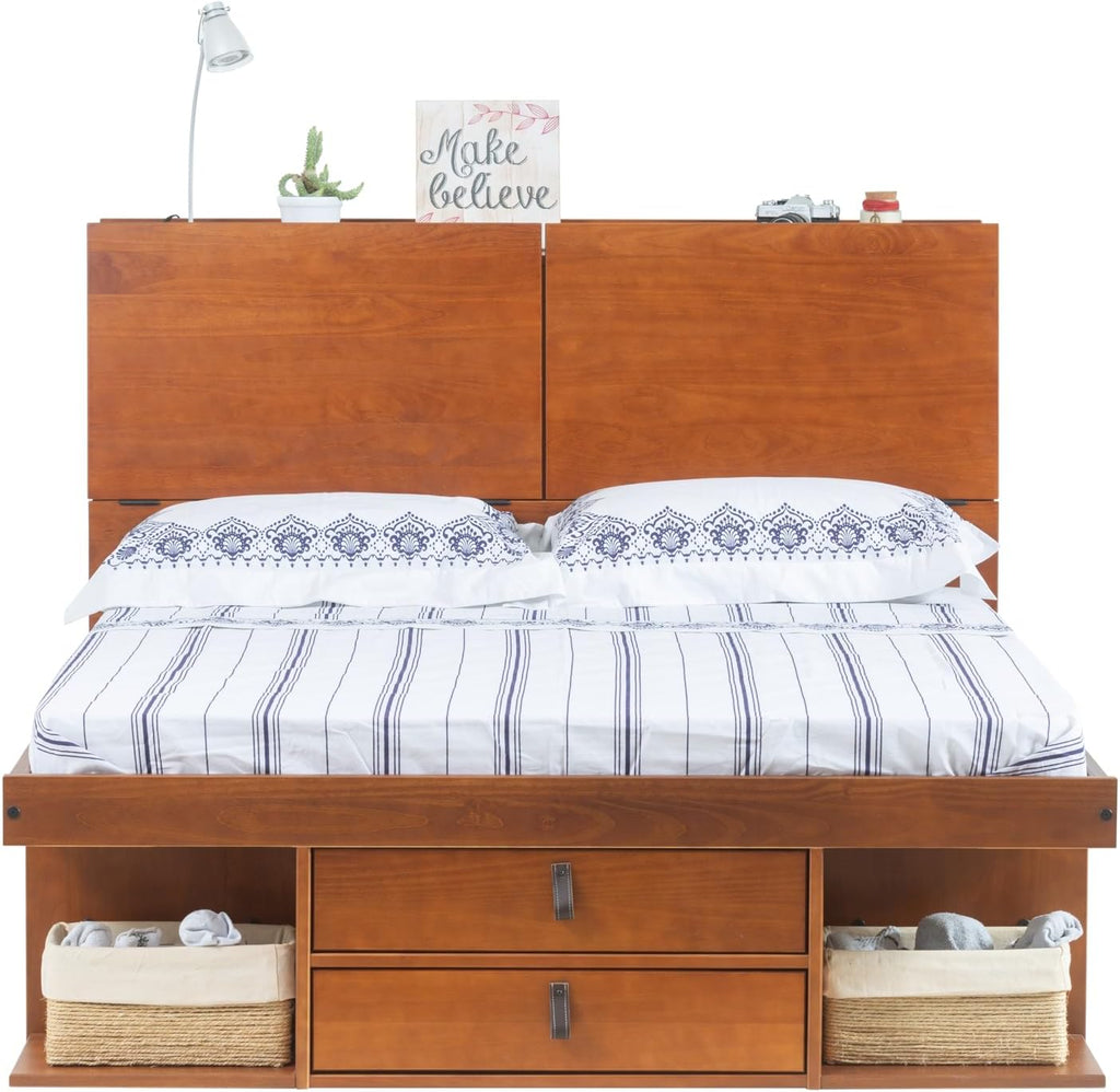 memomad Bali Set: Storage Platform Bed with Drawers + Bookcase Headboard (Full Size, Caramel Brown Wood)