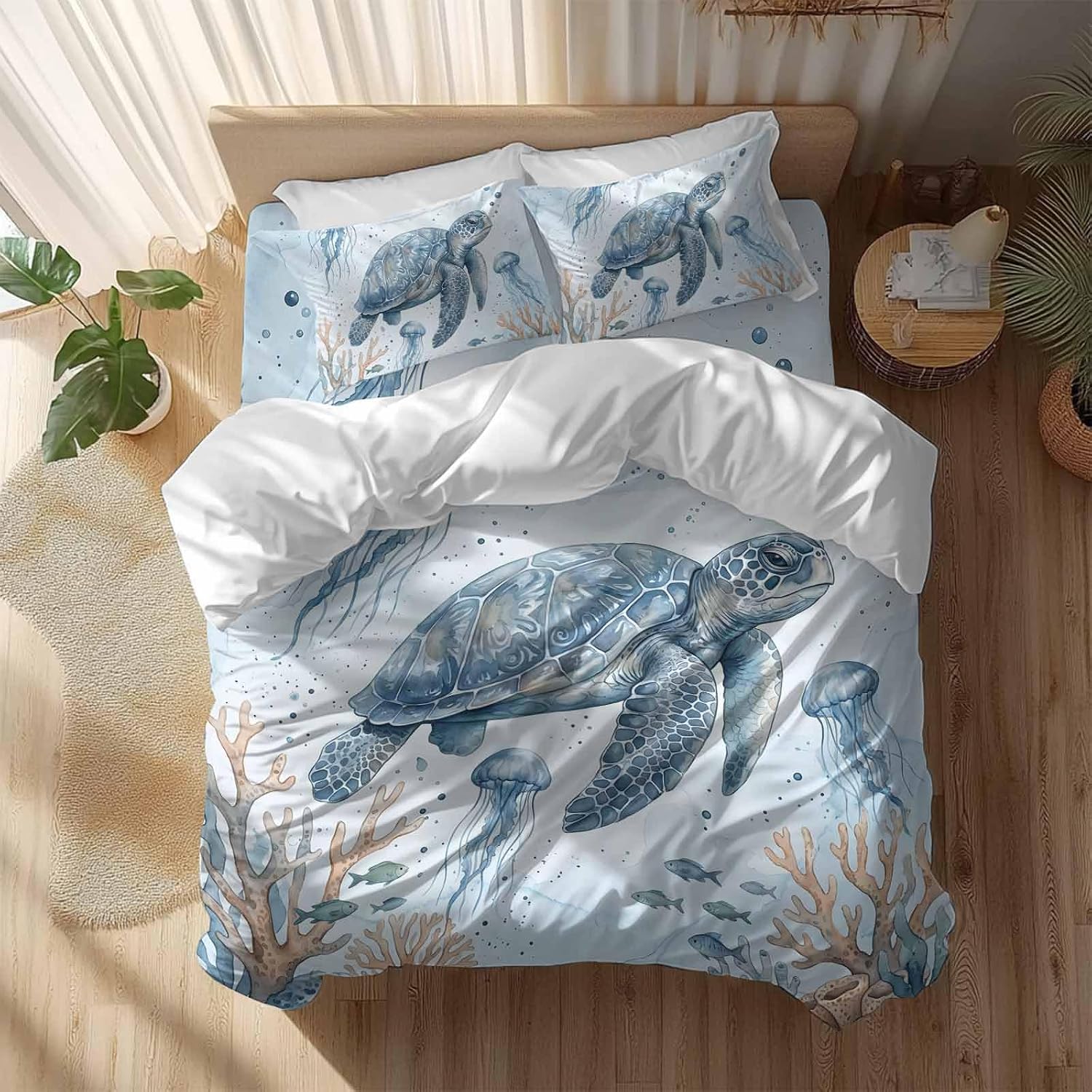 Marine Life Duvet Cover Set Queen Size 4 Pieces Blue Sea Turtle Jellyfish Fish Brown Coral Watercolor Bedding Set with Zipper Closure, 1 Comforter Cover 92x106 Inches 1 Flat Sheet & 2 Pillow Cases