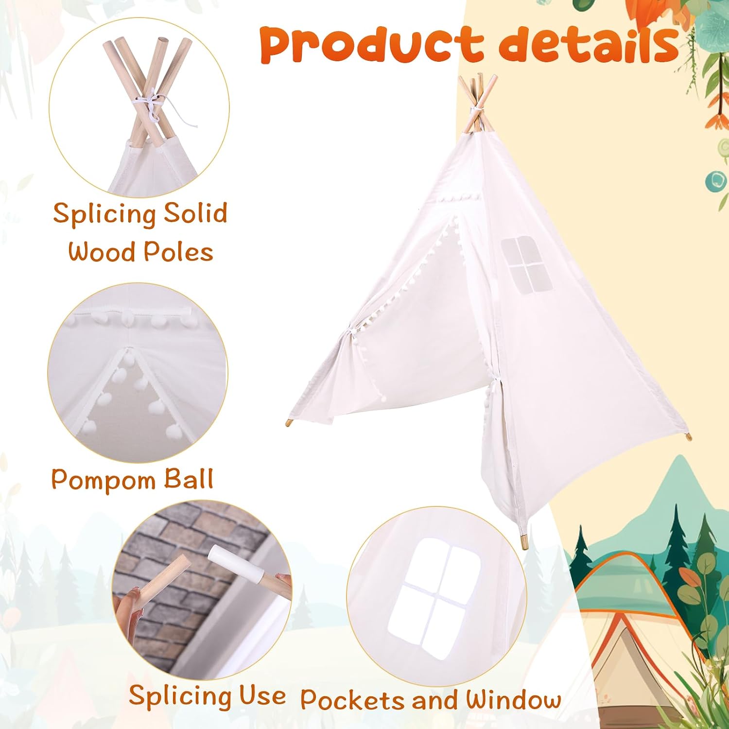 Windyun 6 Pcs Kids Teepee Tent Foldable Washable Indoor Outdoor for Boys Girls Toddler Boho Sleepovers Birthday Pajama Party Spa Supplies(63 Inch,White)